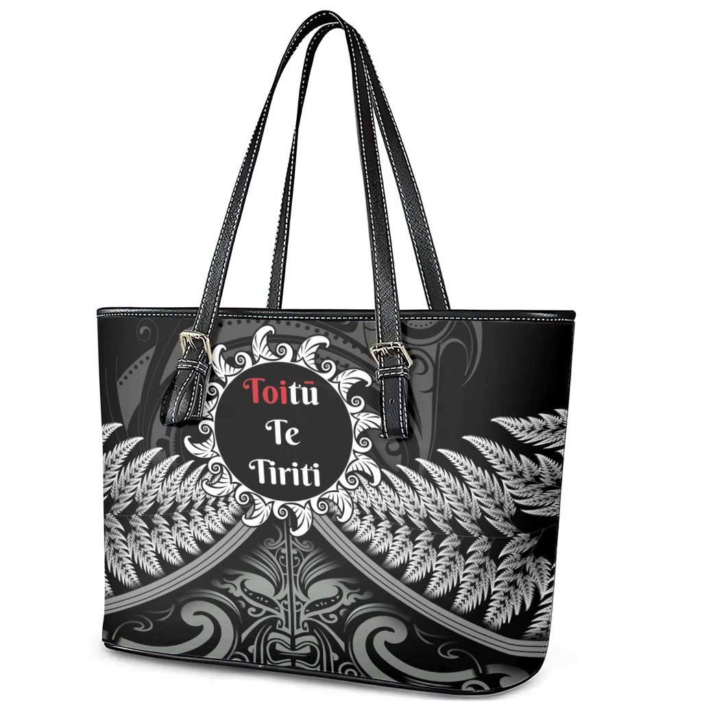 Toitu Te Tiriti Aotearoa Silver Fern Leather Tote Bag New Zealand Maori Pattern