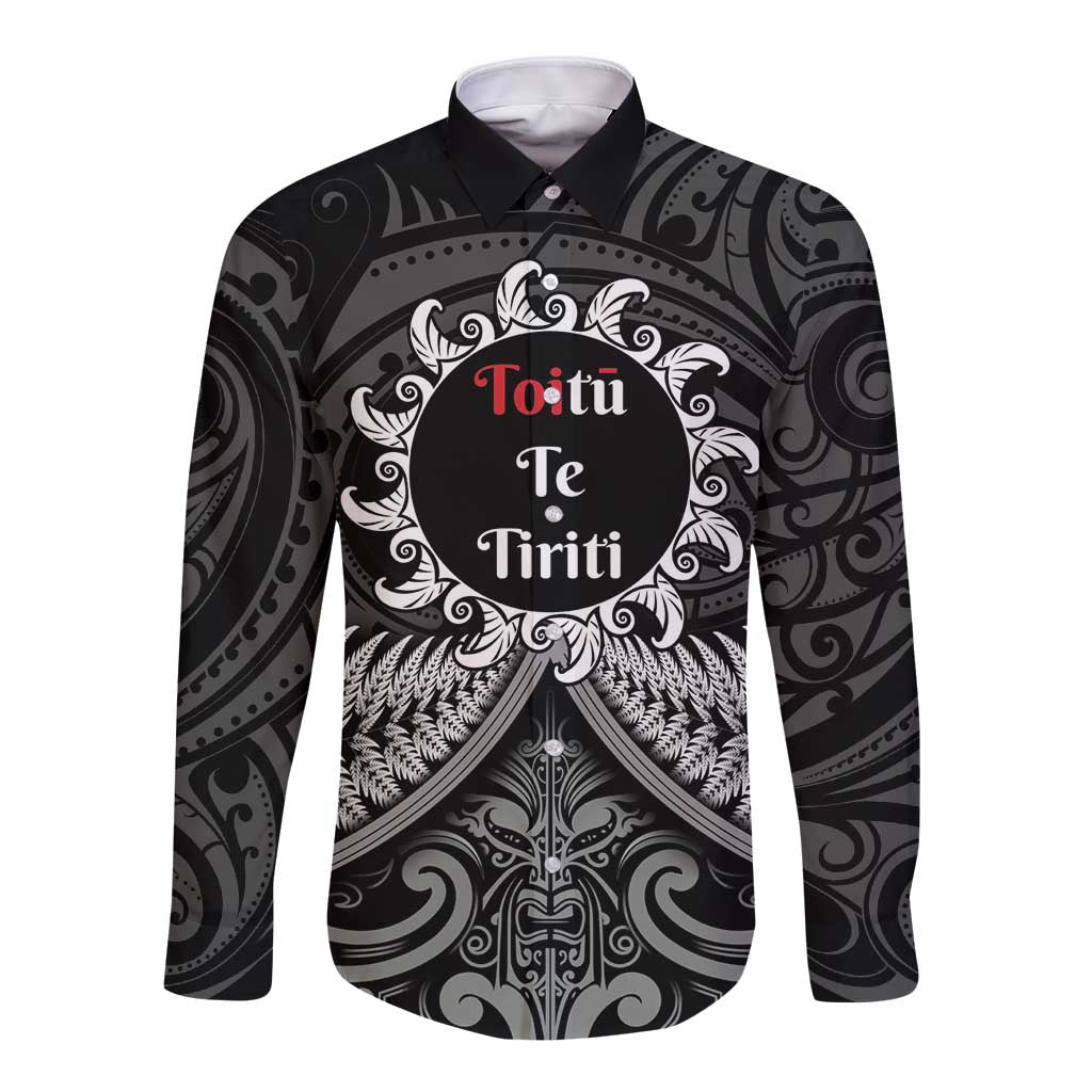 Personalised Toitu Te Tiriti Aotearoa Silver Fern Long Sleeve Button Shirt New Zealand Maori Pattern - Vibe Hoodie Shop