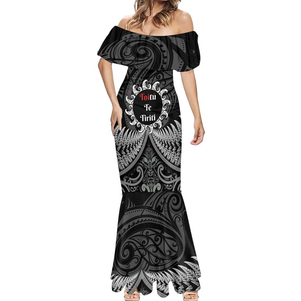 Personalised Toitu Te Tiriti Aotearoa Silver Fern Mermaid Dress New Zealand Maori Pattern