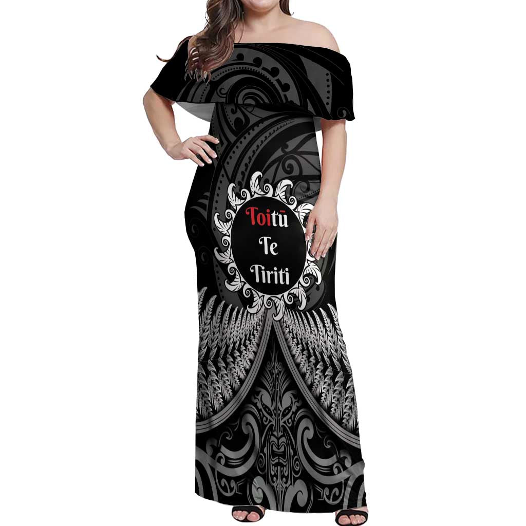 Personalised Toitu Te Tiriti Aotearoa Silver Fern Off Shoulder Maxi Dress New Zealand Maori Pattern