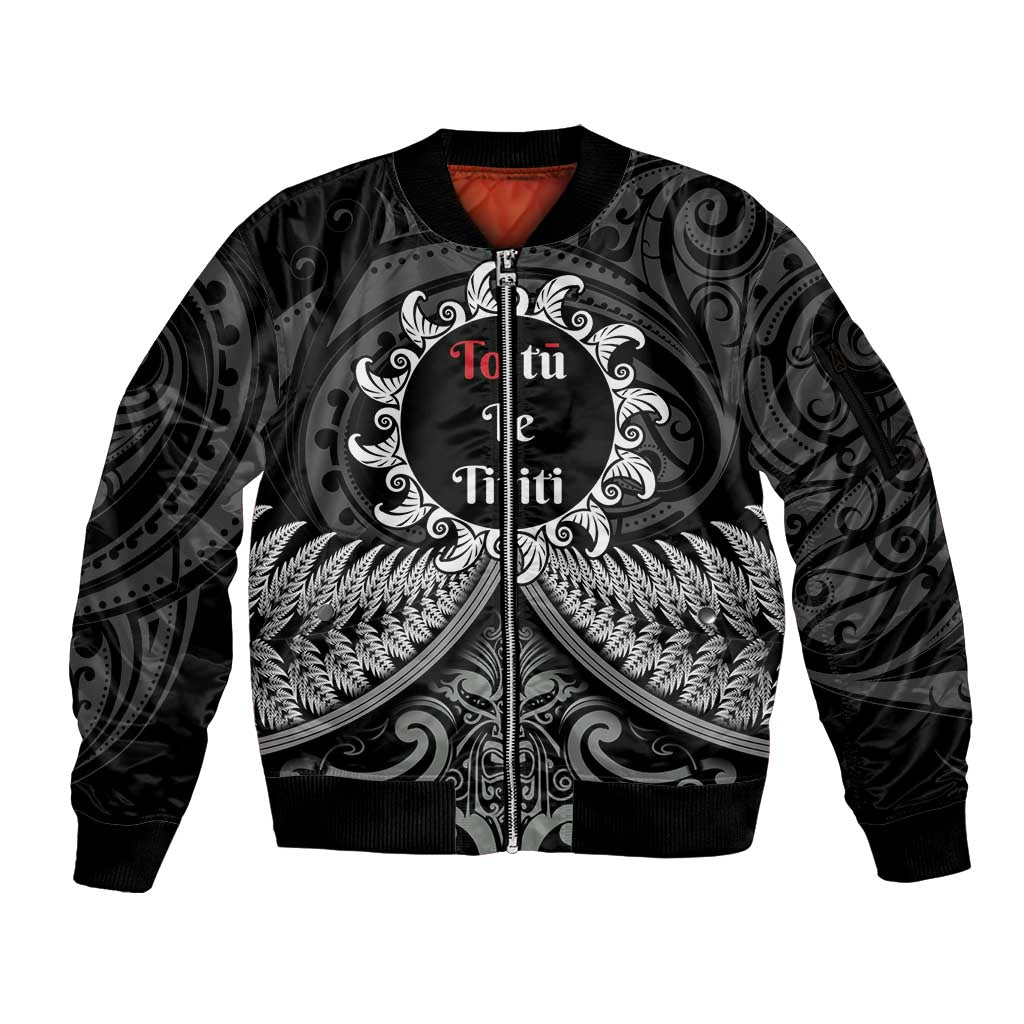 Personalised Toitu Te Tiriti Aotearoa Silver Fern Sleeve Zip Bomber Jacket New Zealand Maori Pattern