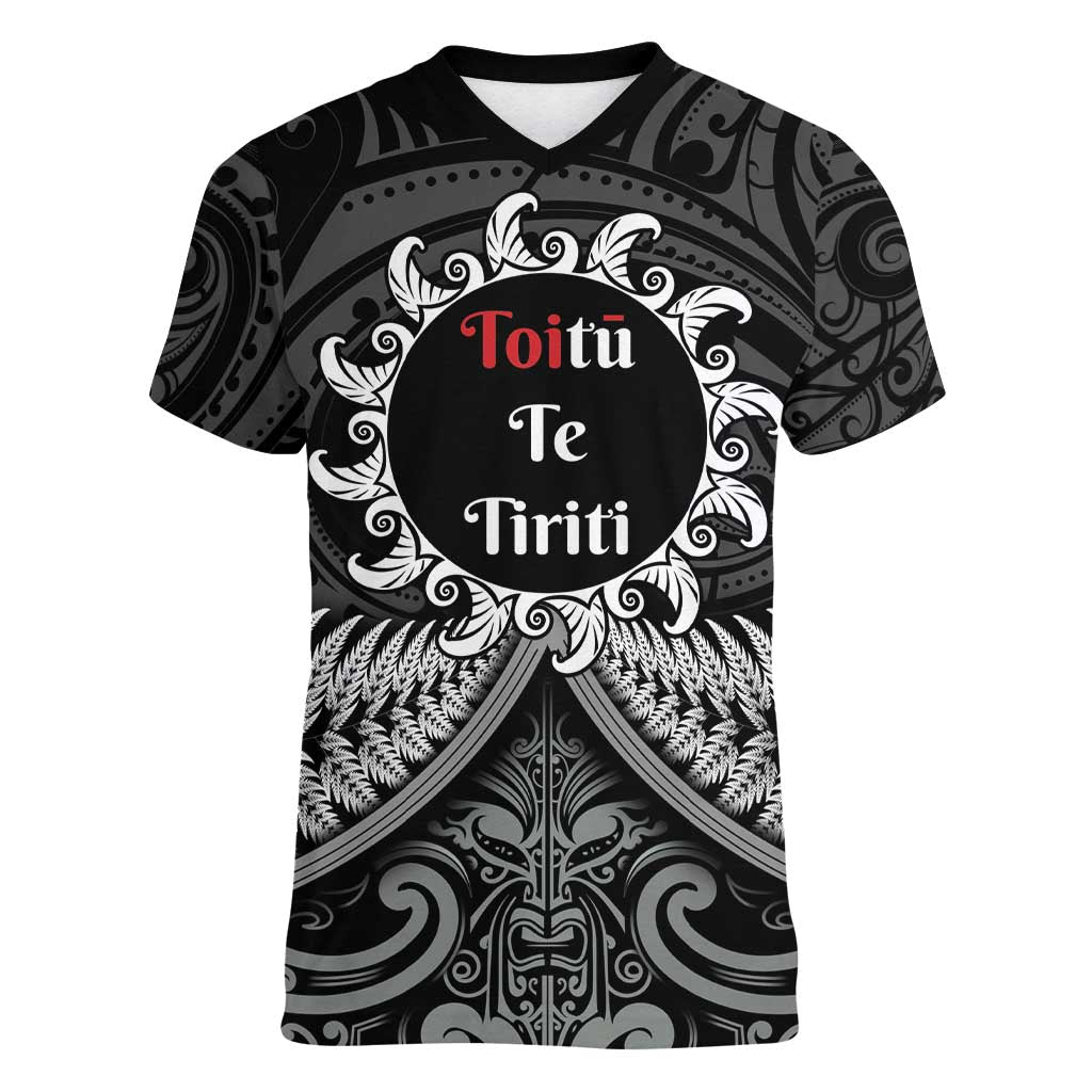 Personalised Toitu Te Tiriti Aotearoa Silver Fern Women V-Neck T-Shirt New Zealand Maori Pattern - Vibe Hoodie Shop