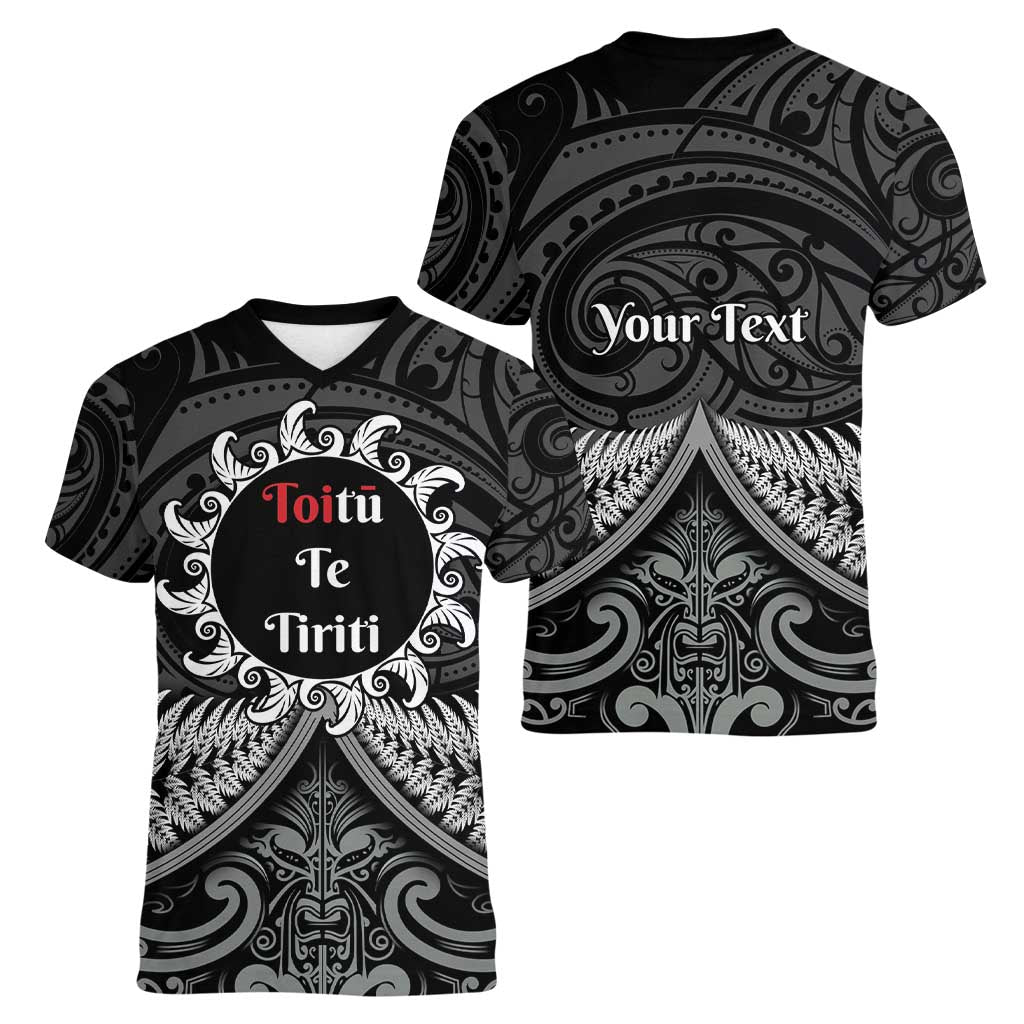 Personalised Toitu Te Tiriti Aotearoa Silver Fern Women V-Neck T-Shirt New Zealand Maori Pattern - Vibe Hoodie Shop