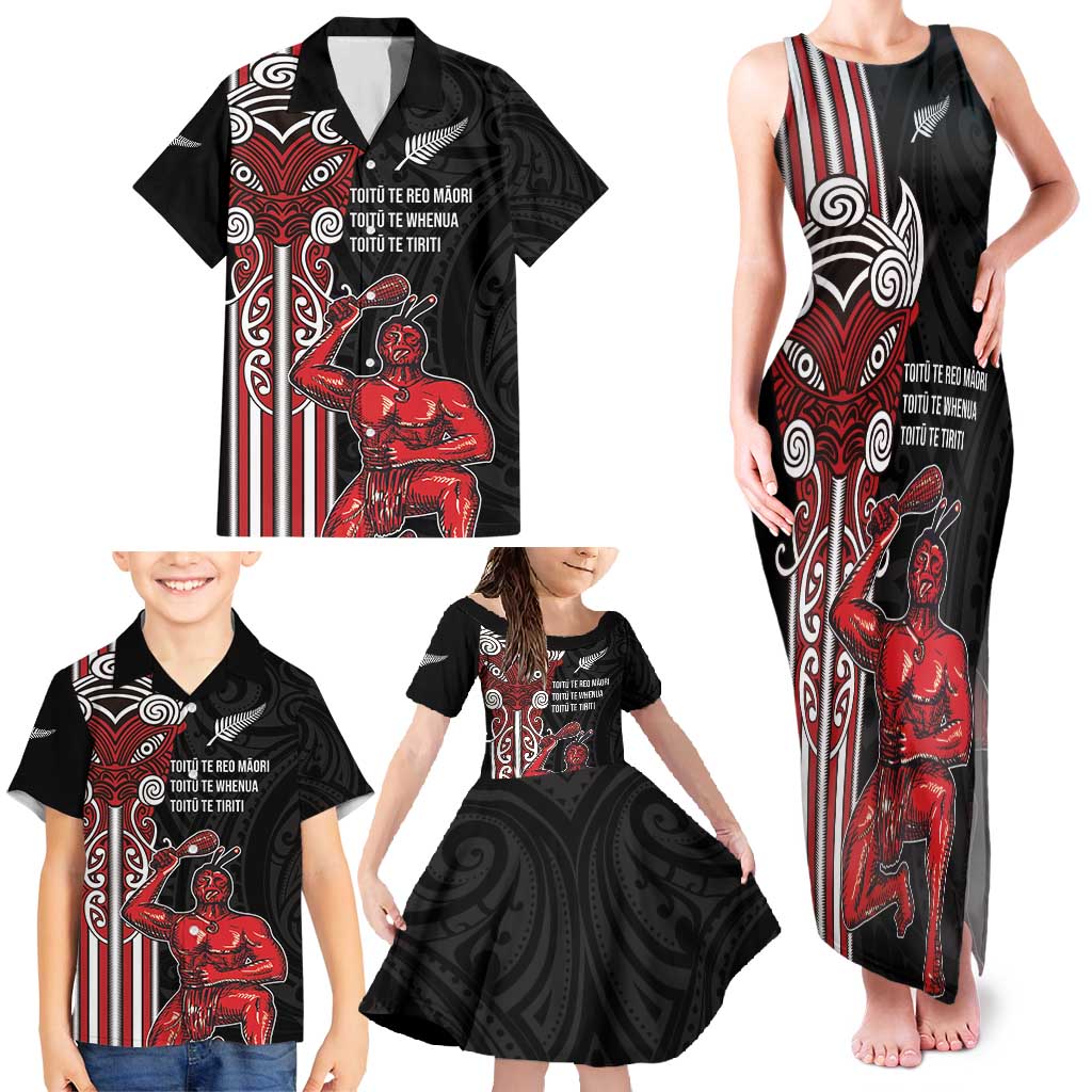 Toitu Te Reo Maori Toitu Te Whenua Toitu Te Tiriti Family Matching Tank Maxi Dress and Hawaiian Shirt Maori Warrior New Zealand