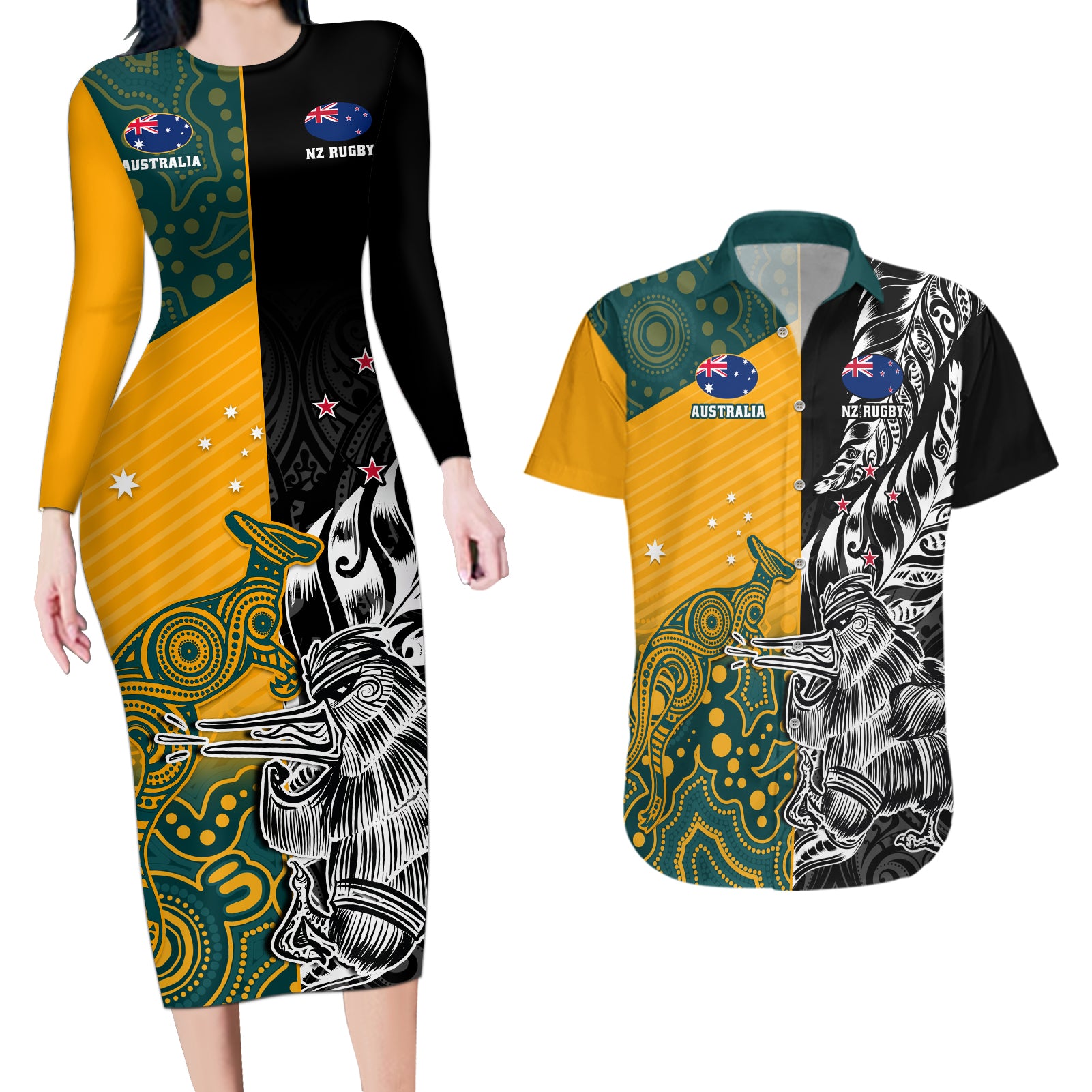 Custom New Zealand And Australia Rugby Couples Matching Long Sleeve Bodycon Dress and Hawaiian Shirt Wallabies Kiwi Silver Fern 2023 World Cup