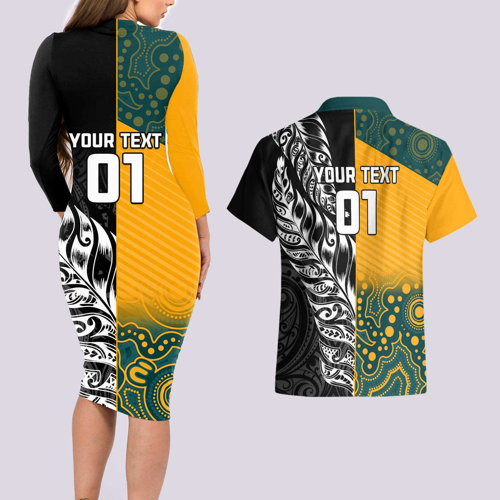 Custom New Zealand And Australia Rugby Couples Matching Long Sleeve Bodycon Dress and Hawaiian Shirt Wallabies Kiwi Silver Fern 2023 World Cup
