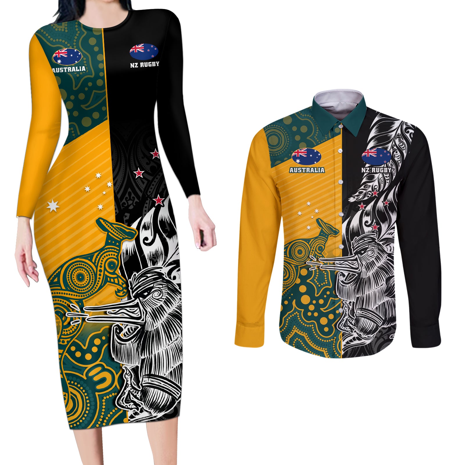 Custom New Zealand And Australia Rugby Couples Matching Long Sleeve Bodycon Dress and Long Sleeve Button Shirt Wallabies Kiwi Silver Fern 2023 World Cup