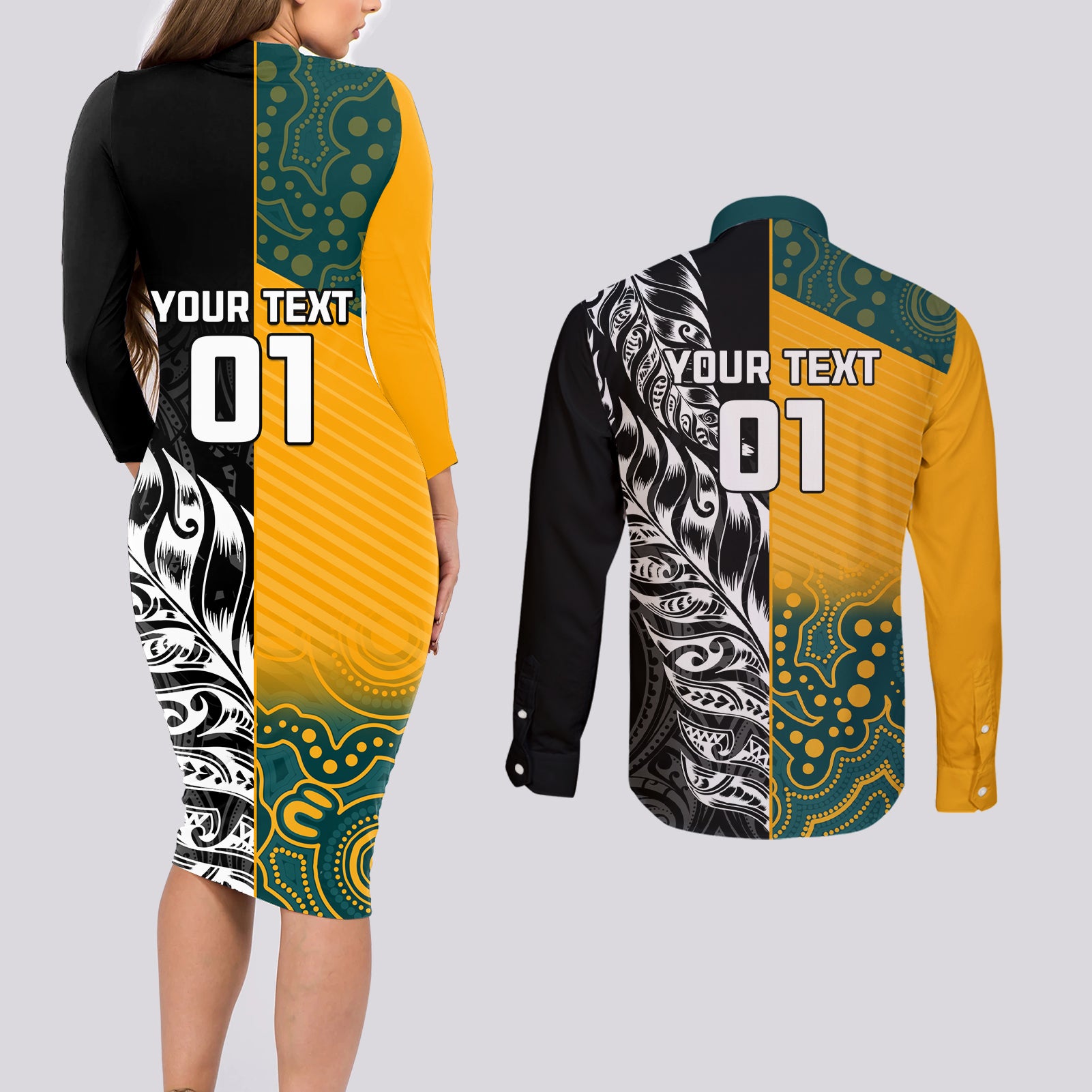 Custom New Zealand And Australia Rugby Couples Matching Long Sleeve Bodycon Dress and Long Sleeve Button Shirt Wallabies Kiwi Silver Fern 2023 World Cup