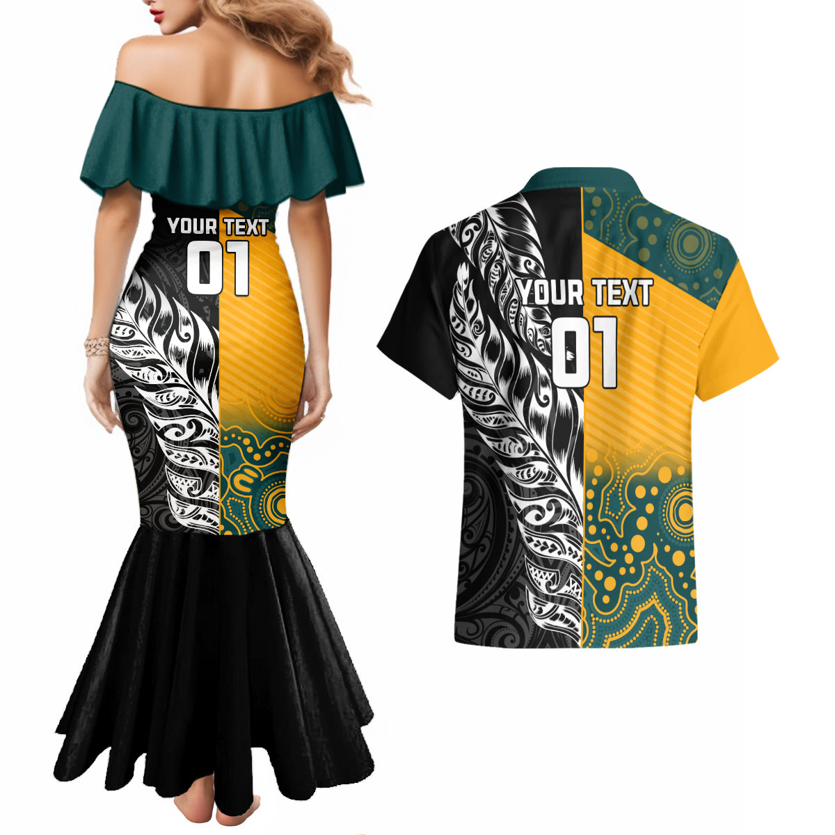Custom New Zealand And Australia Rugby Couples Matching Mermaid Dress and Hawaiian Shirt Wallabies Kiwi Silver Fern 2023 World Cup