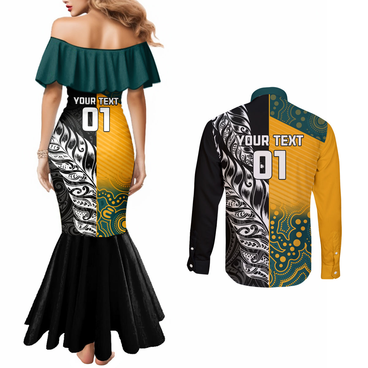 Custom New Zealand And Australia Rugby Couples Matching Mermaid Dress and Long Sleeve Button Shirt Wallabies Kiwi Silver Fern 2023 World Cup