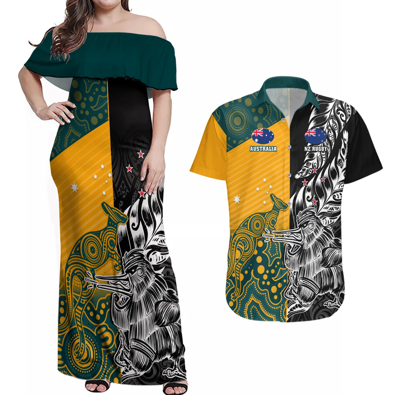 Custom New Zealand And Australia Rugby Couples Matching Off Shoulder Maxi Dress and Hawaiian Shirt Wallabies Kiwi Silver Fern 2023 World Cup