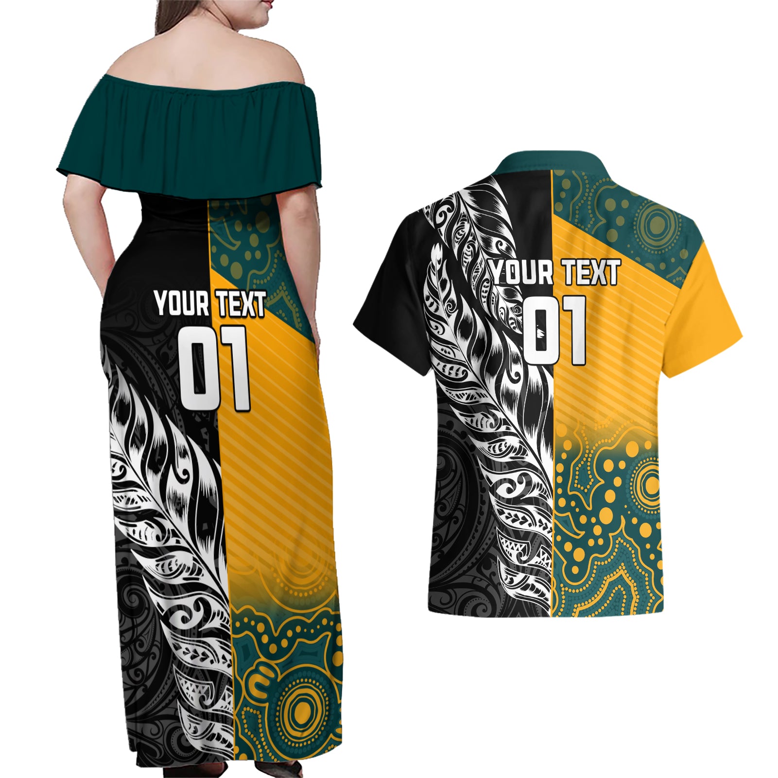 Custom New Zealand And Australia Rugby Couples Matching Off Shoulder Maxi Dress and Hawaiian Shirt Wallabies Kiwi Silver Fern 2023 World Cup