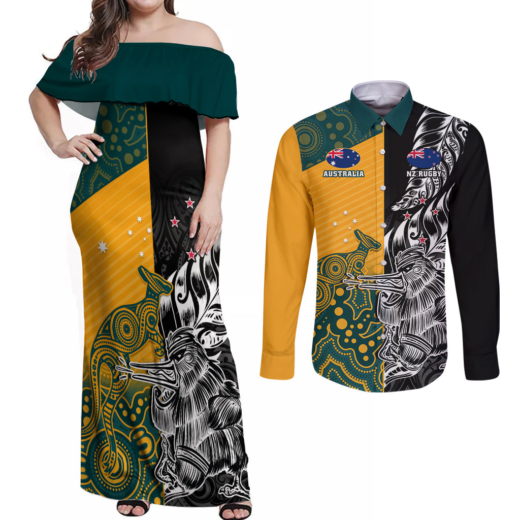 Custom New Zealand And Australia Rugby Couples Matching Off Shoulder Maxi Dress and Long Sleeve Button Shirt Wallabies Kiwi Silver Fern 2023 World Cup