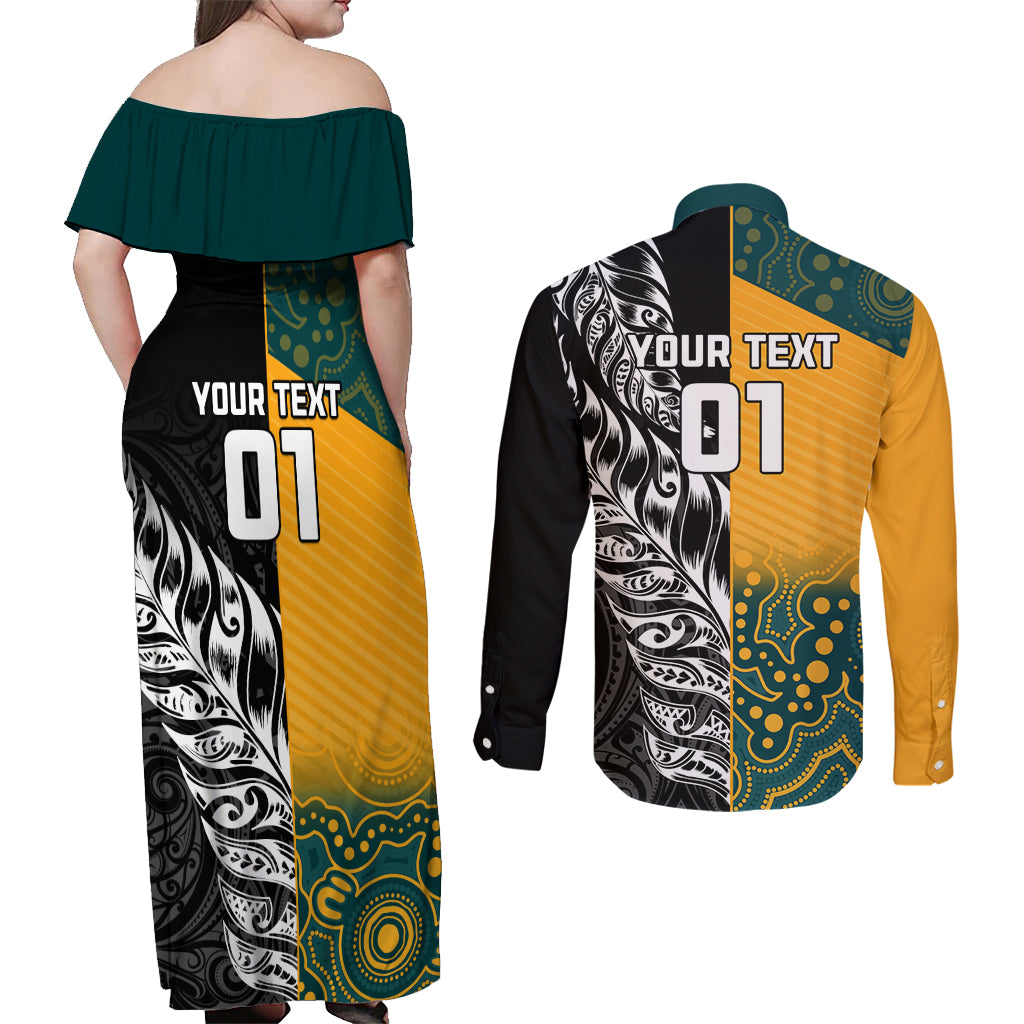 Custom New Zealand And Australia Rugby Couples Matching Off Shoulder Maxi Dress and Long Sleeve Button Shirt Wallabies Kiwi Silver Fern 2023 World Cup