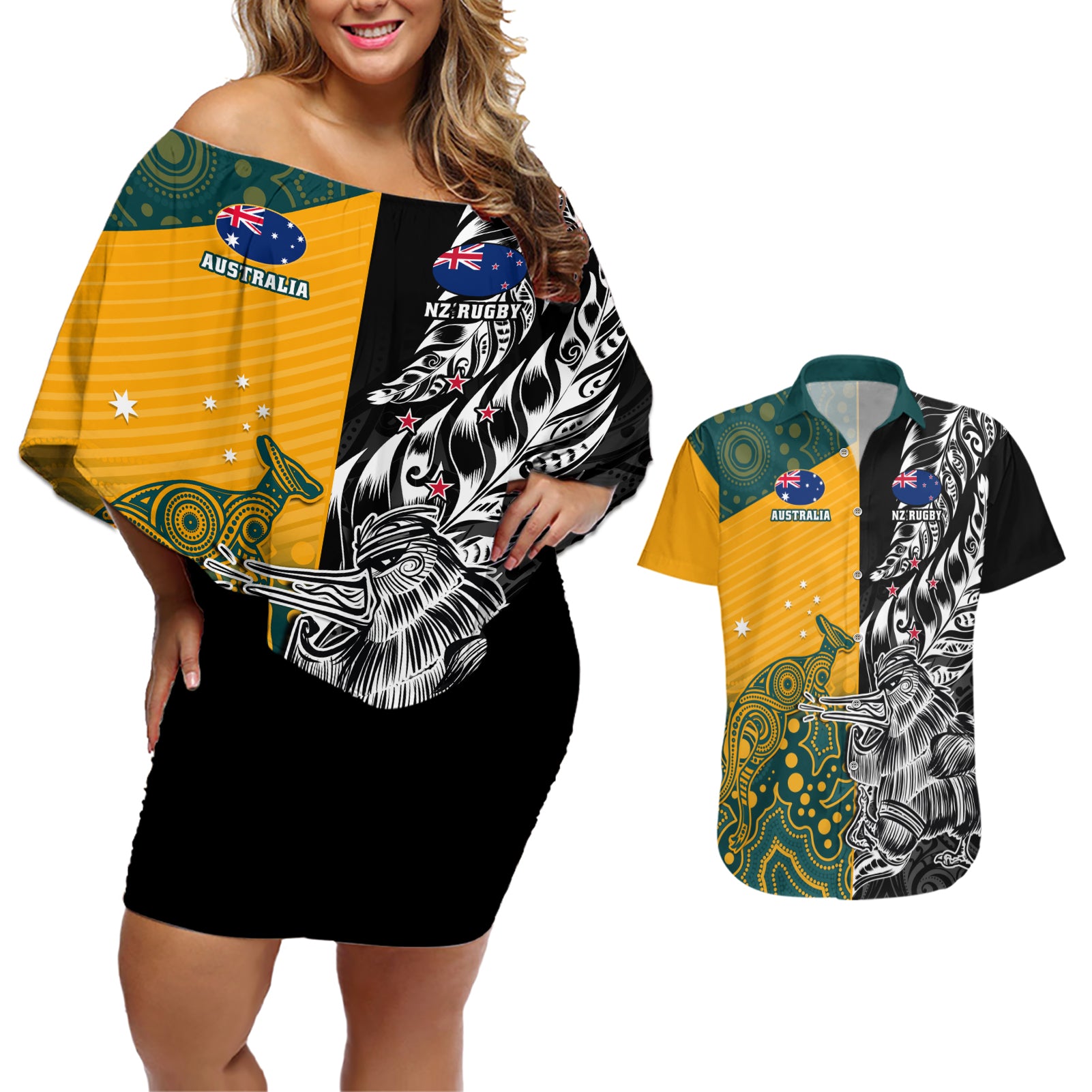 Custom New Zealand And Australia Rugby Couples Matching Off Shoulder Short Dress and Hawaiian Shirt Wallabies Kiwi Silver Fern 2023 World Cup