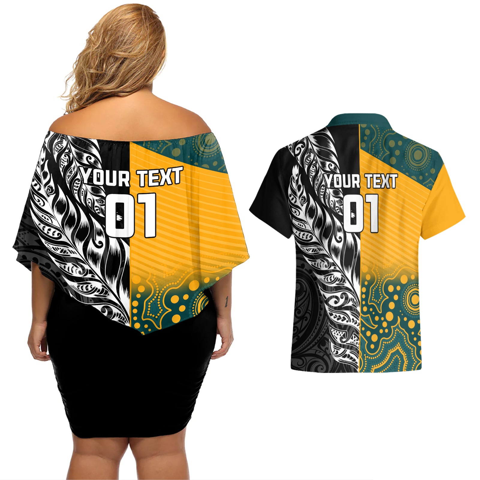 Custom New Zealand And Australia Rugby Couples Matching Off Shoulder Short Dress and Hawaiian Shirt Wallabies Kiwi Silver Fern 2023 World Cup