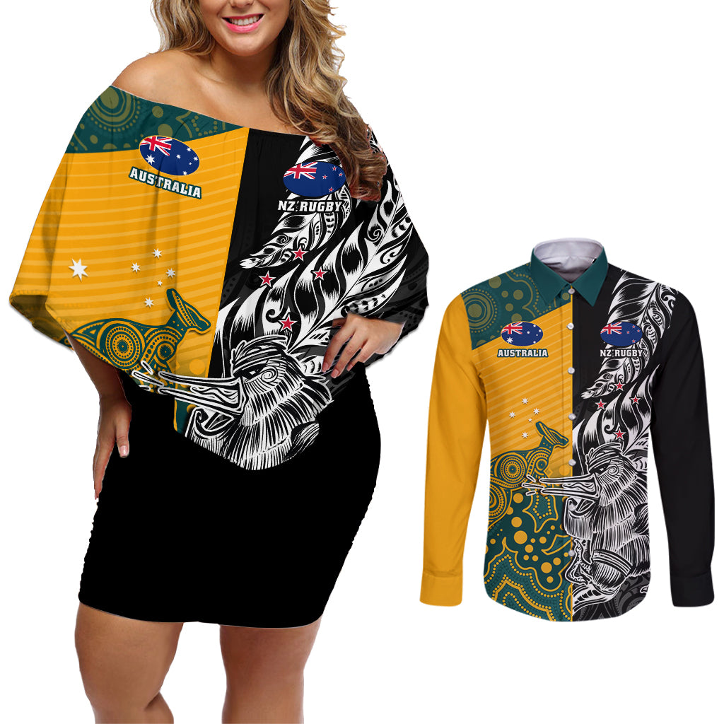 Custom New Zealand And Australia Rugby Couples Matching Off Shoulder Short Dress and Long Sleeve Button Shirt Wallabies Kiwi Silver Fern 2023 World Cup