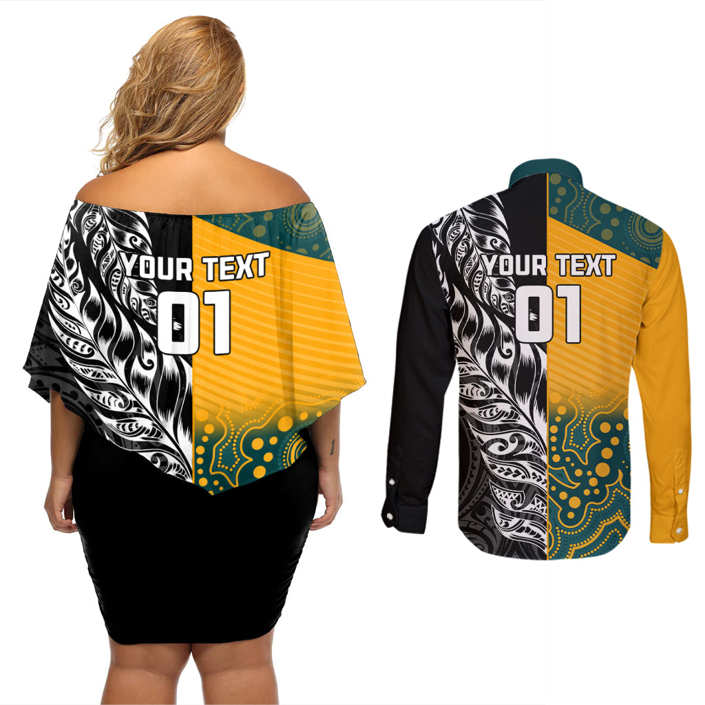 Custom New Zealand And Australia Rugby Couples Matching Off Shoulder Short Dress and Long Sleeve Button Shirt Wallabies Kiwi Silver Fern 2023 World Cup