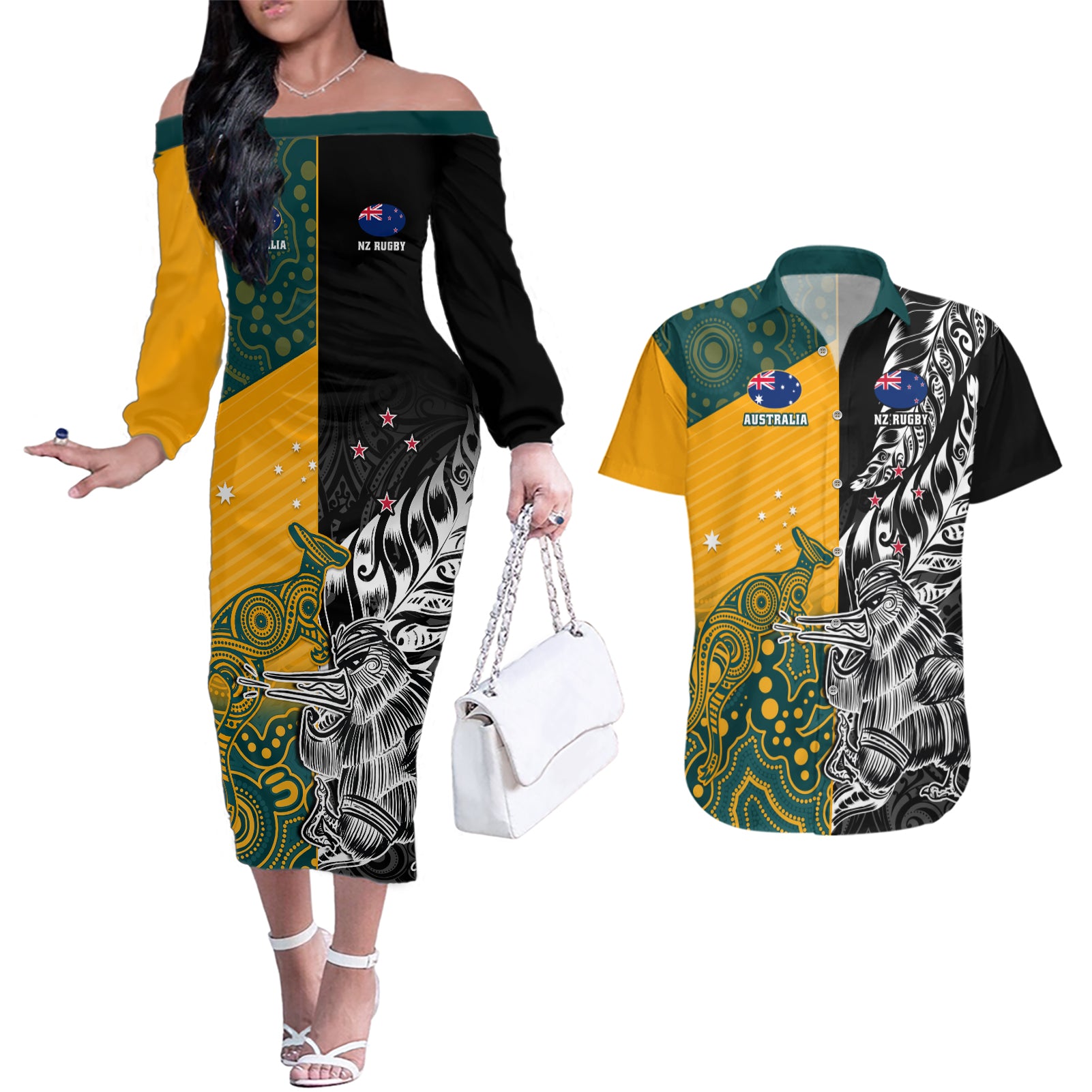 Custom New Zealand And Australia Rugby Couples Matching Off The Shoulder Long Sleeve Dress and Hawaiian Shirt Wallabies Kiwi Silver Fern 2023 World Cup