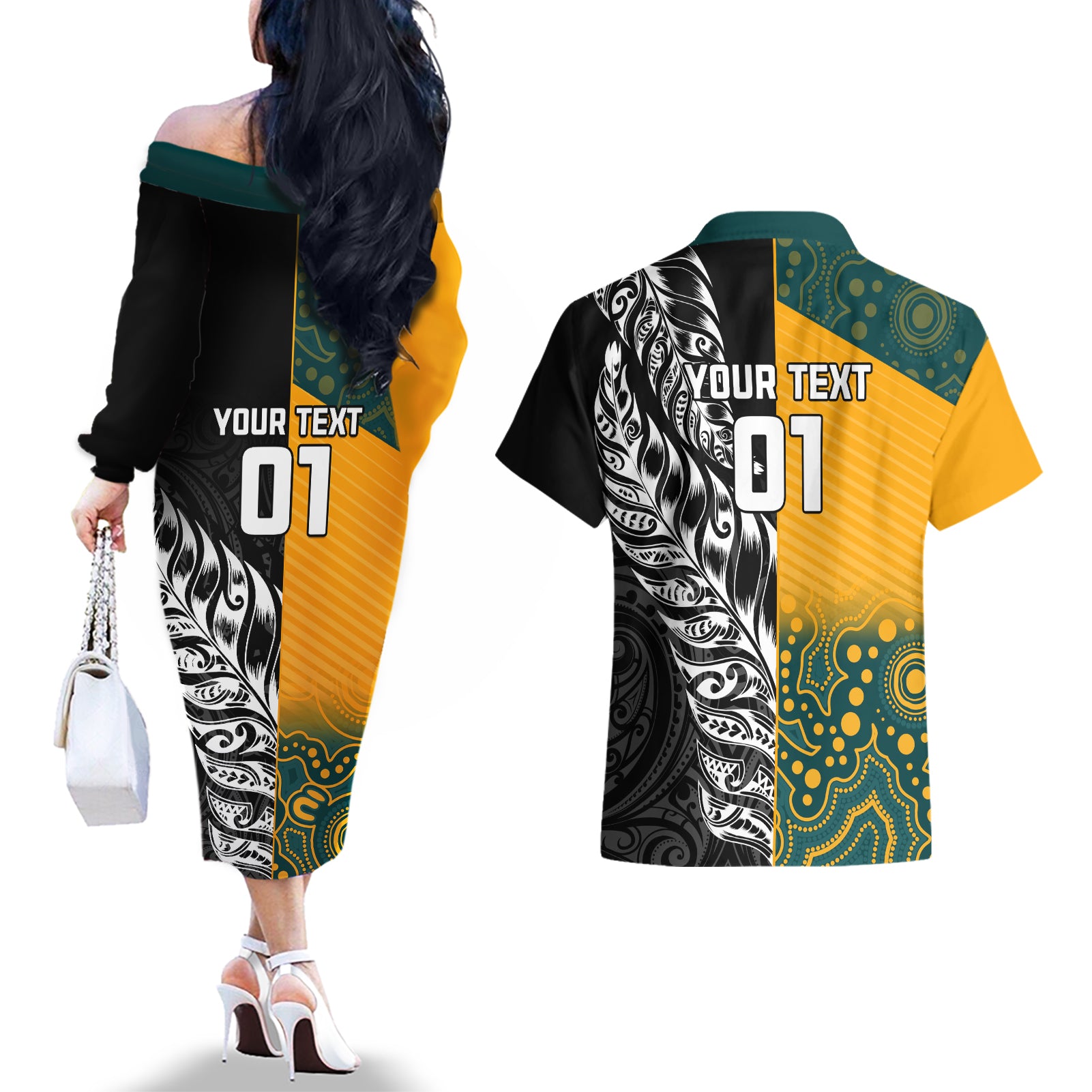 Custom New Zealand And Australia Rugby Couples Matching Off The Shoulder Long Sleeve Dress and Hawaiian Shirt Wallabies Kiwi Silver Fern 2023 World Cup