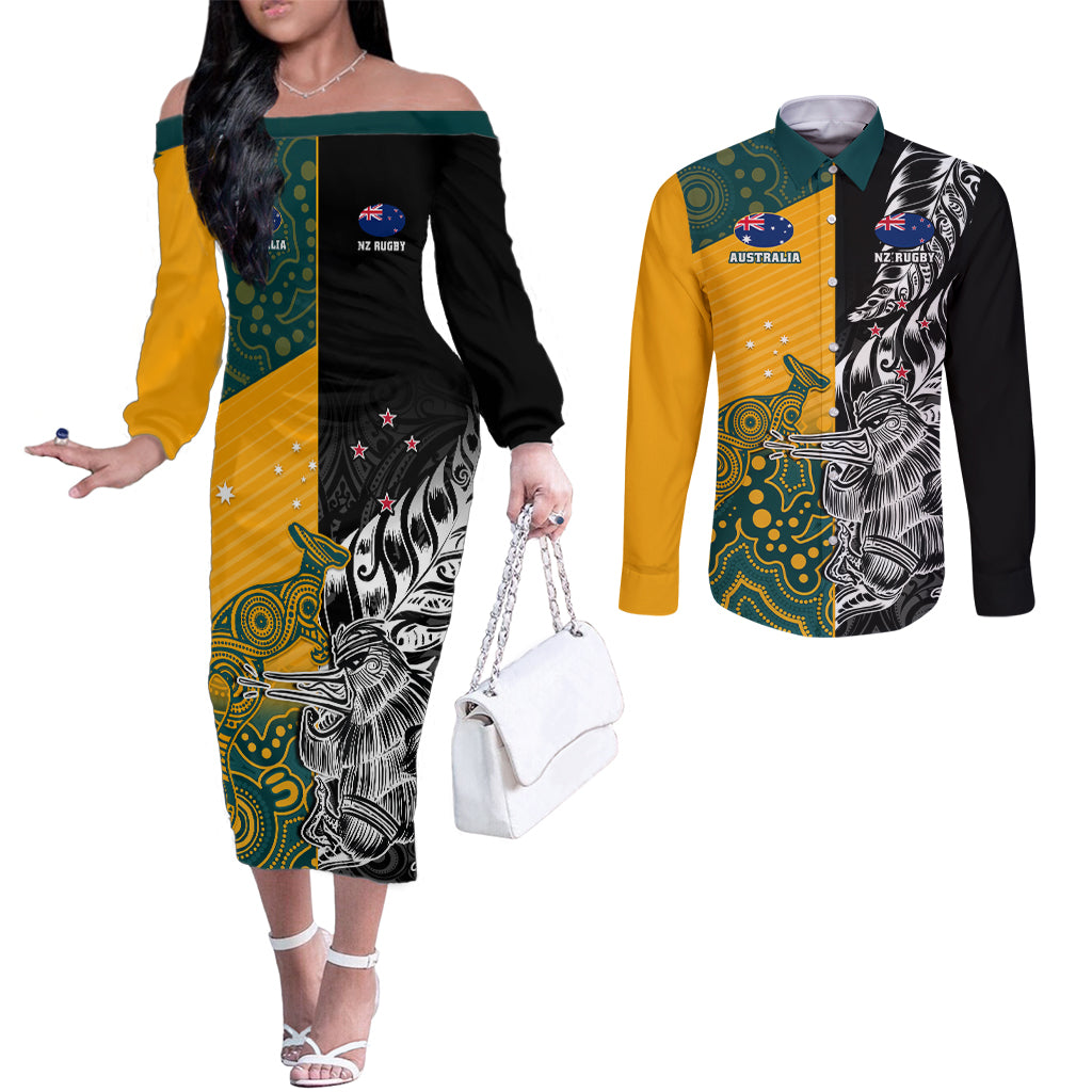 Custom New Zealand And Australia Rugby Couples Matching Off The Shoulder Long Sleeve Dress and Long Sleeve Button Shirt Wallabies Kiwi Silver Fern 2023 World Cup