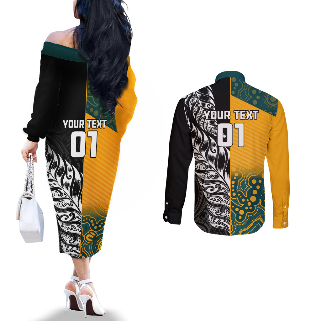 Custom New Zealand And Australia Rugby Couples Matching Off The Shoulder Long Sleeve Dress and Long Sleeve Button Shirt Wallabies Kiwi Silver Fern 2023 World Cup
