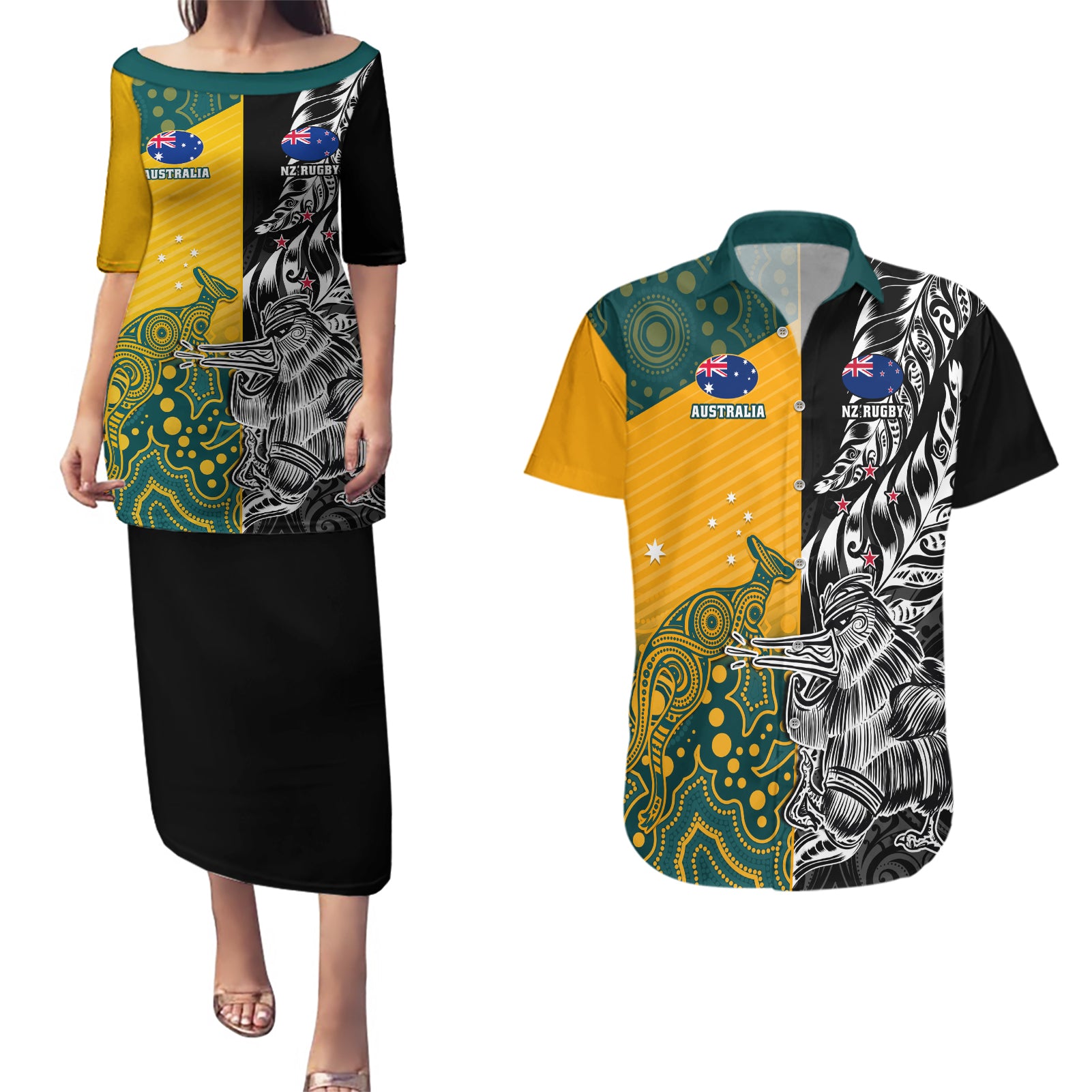 Custom New Zealand And Australia Rugby Couples Matching Puletasi and Hawaiian Shirt Wallabies Kiwi Silver Fern 2023 World Cup