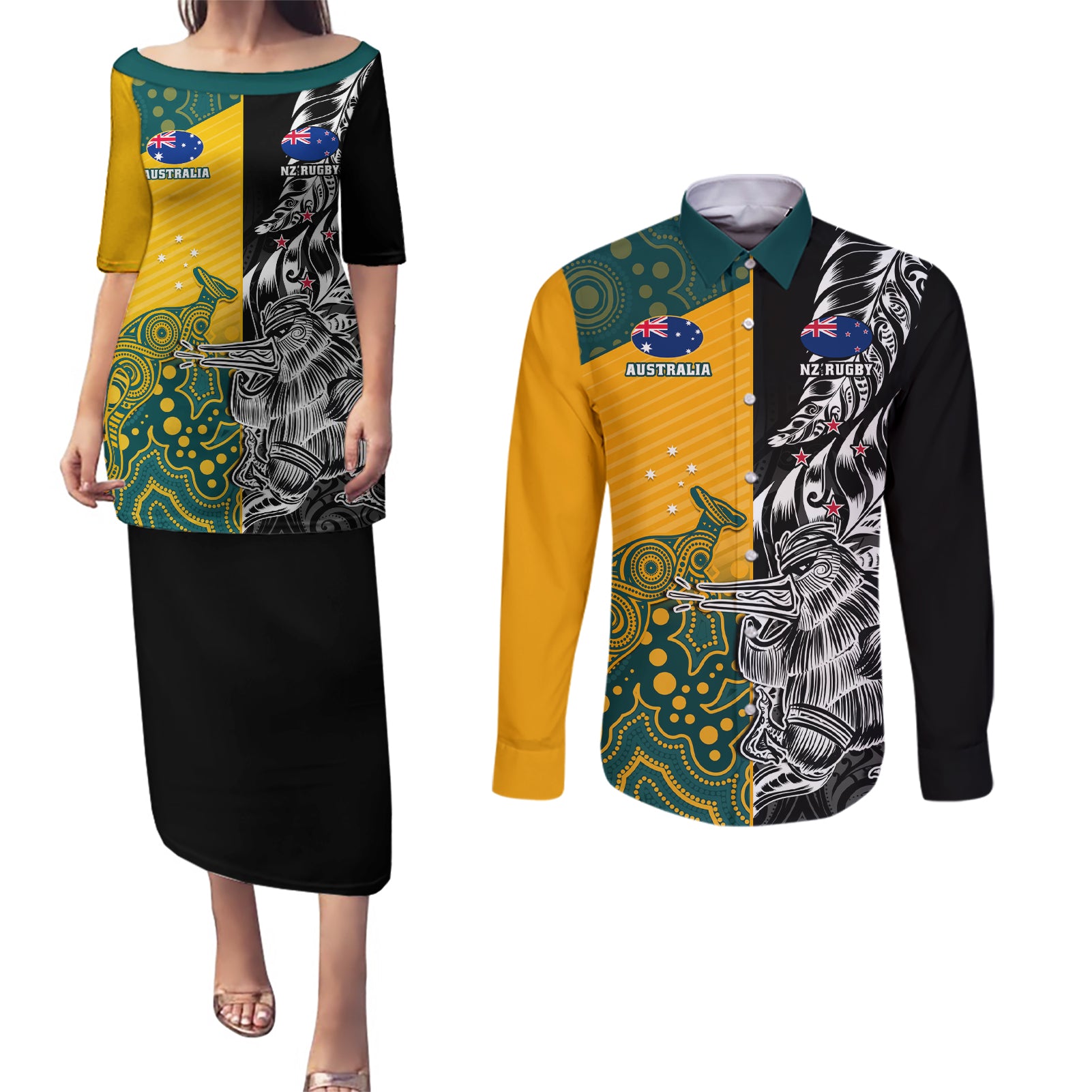 Custom New Zealand And Australia Rugby Couples Matching Puletasi and Long Sleeve Button Shirt Wallabies Kiwi Silver Fern 2023 World Cup