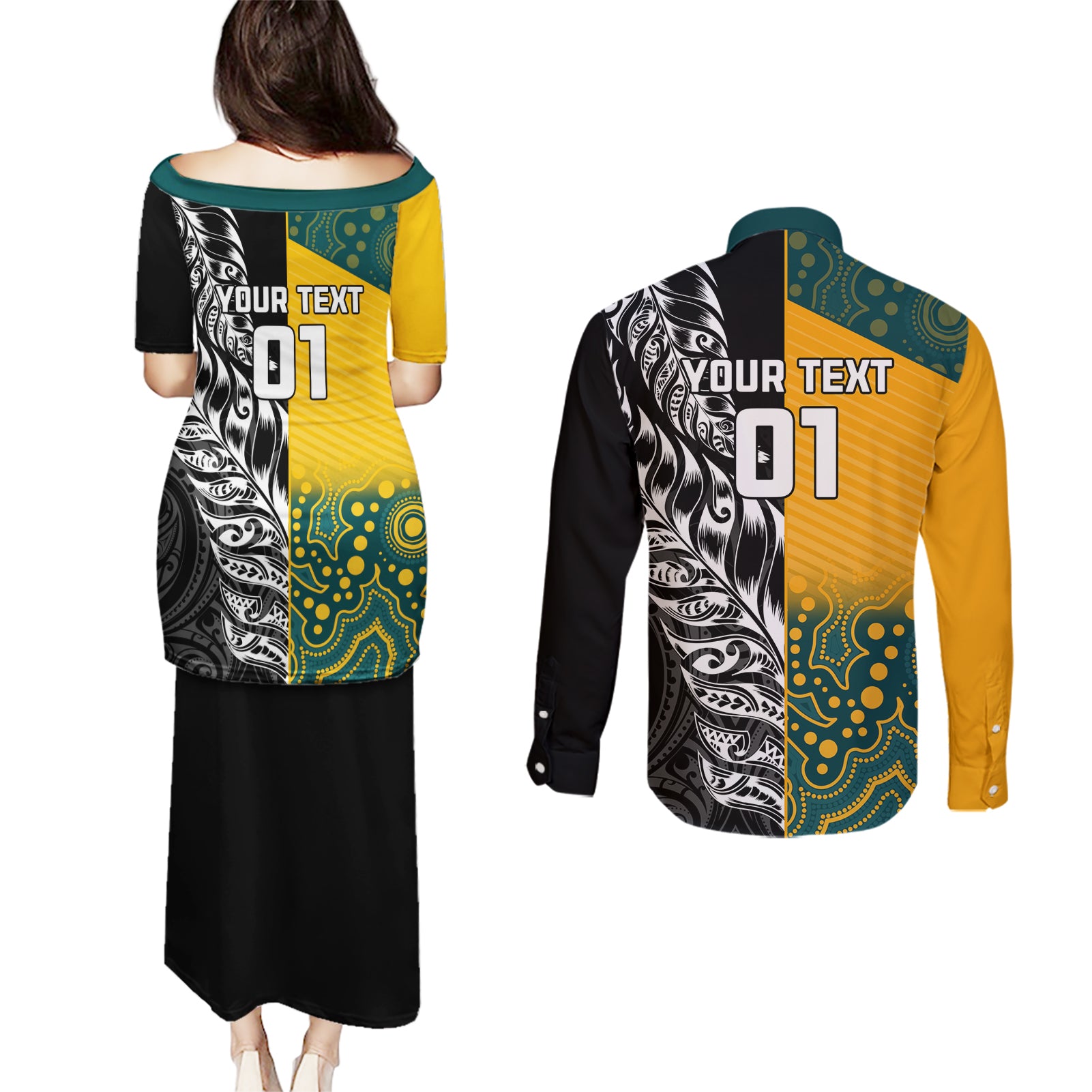 Custom New Zealand And Australia Rugby Couples Matching Puletasi and Long Sleeve Button Shirt Wallabies Kiwi Silver Fern 2023 World Cup