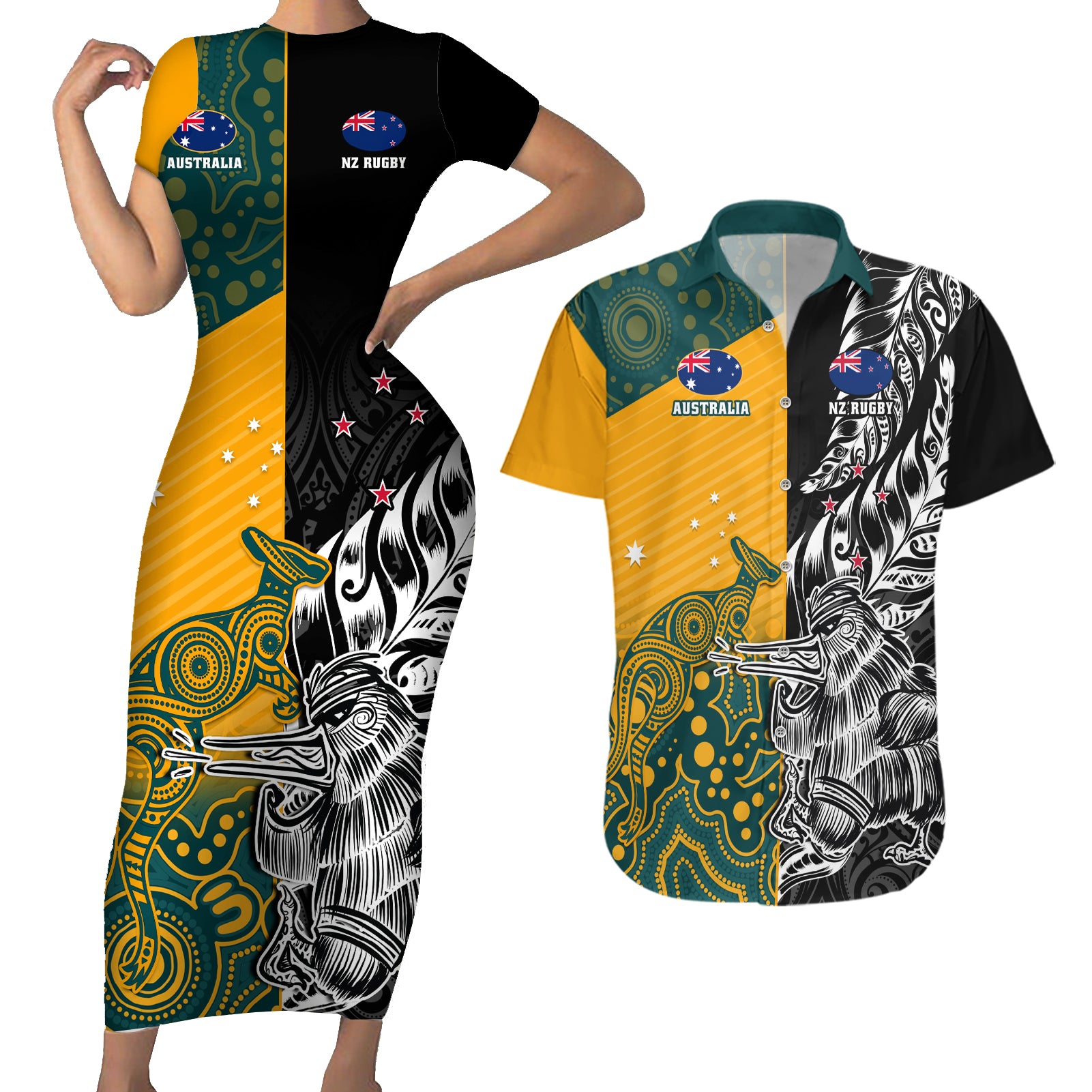 Custom New Zealand And Australia Rugby Couples Matching Short Sleeve Bodycon Dress and Hawaiian Shirt Wallabies Kiwi Silver Fern 2023 World Cup