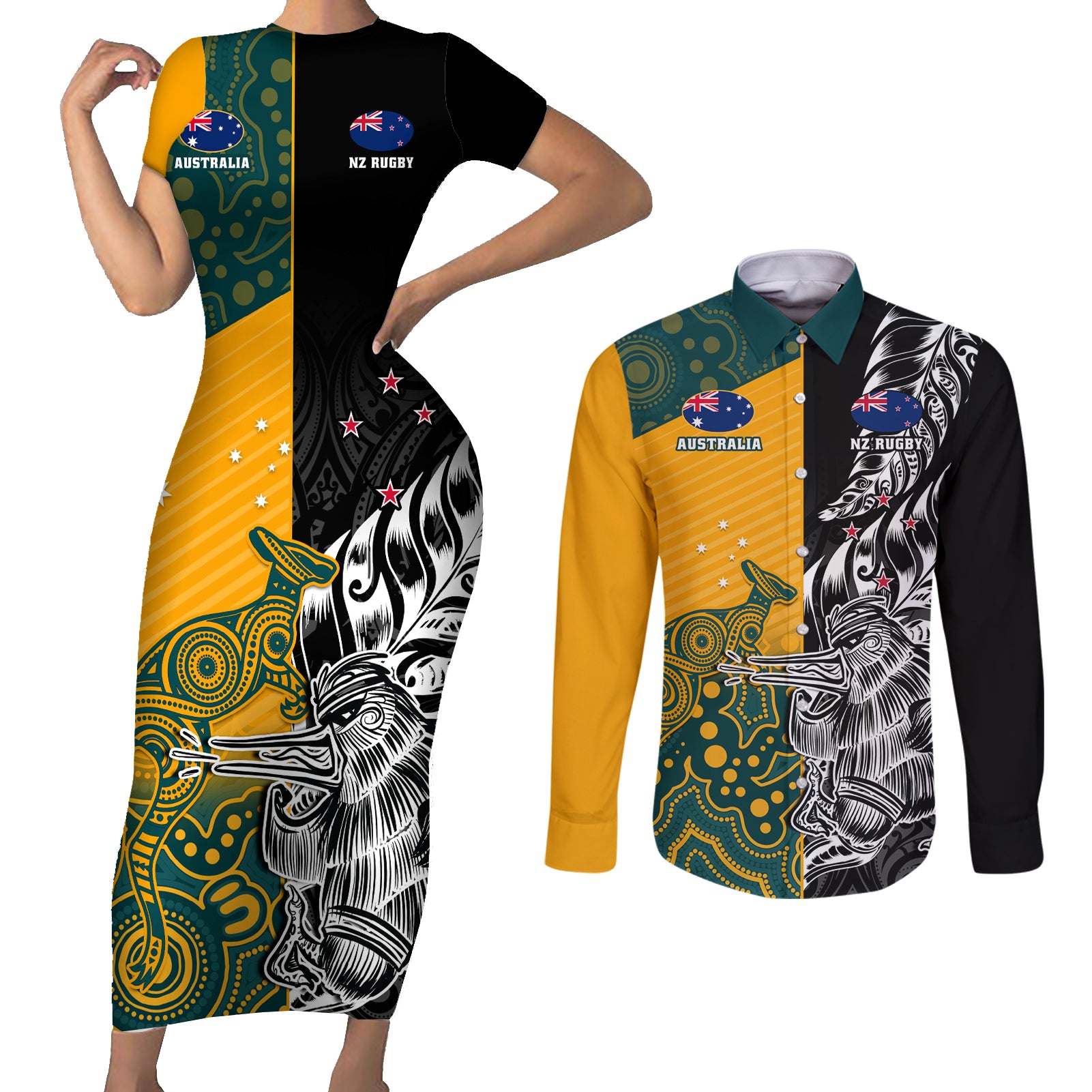 Custom New Zealand And Australia Rugby Couples Matching Short Sleeve Bodycon Dress and Long Sleeve Button Shirt Wallabies Kiwi Silver Fern 2023 World Cup