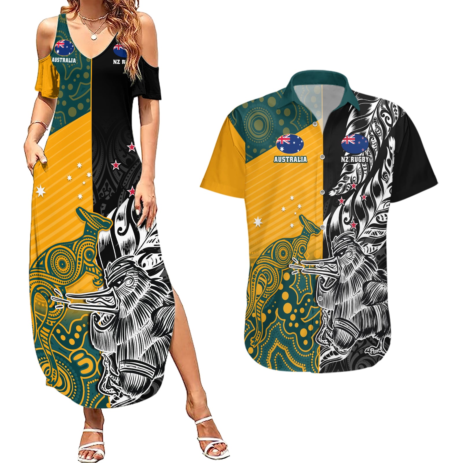 Custom New Zealand And Australia Rugby Couples Matching Summer Maxi Dress and Hawaiian Shirt Wallabies Kiwi Silver Fern 2023 World Cup