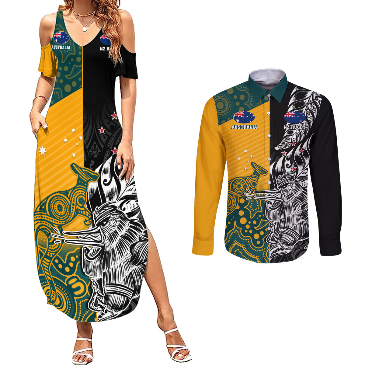 Custom New Zealand And Australia Rugby Couples Matching Summer Maxi Dress and Long Sleeve Button Shirt Wallabies Kiwi Silver Fern 2023 World Cup