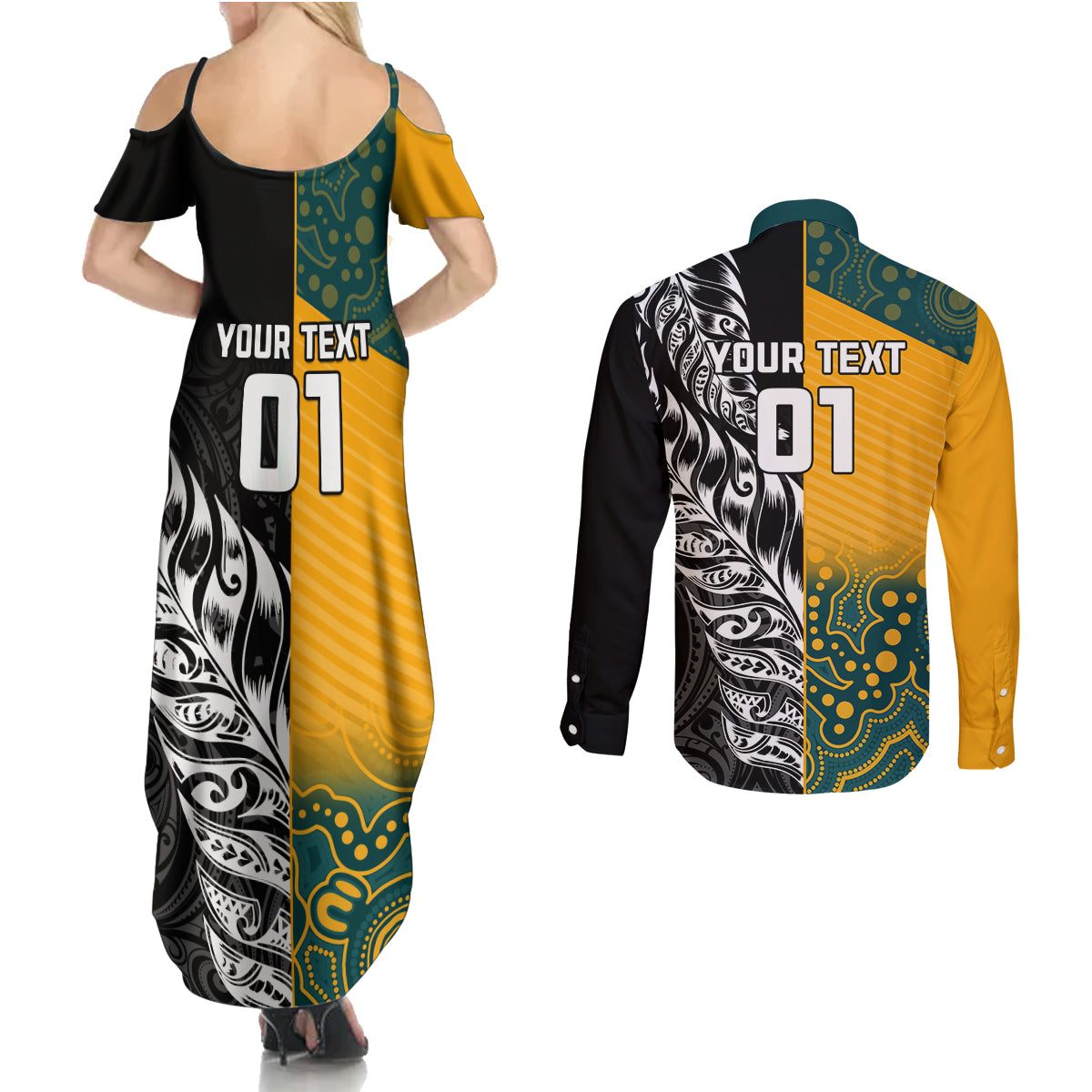 Custom New Zealand And Australia Rugby Couples Matching Summer Maxi Dress and Long Sleeve Button Shirt Wallabies Kiwi Silver Fern 2023 World Cup