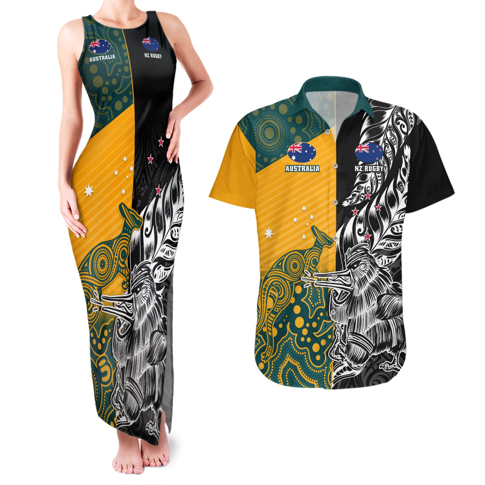 Custom New Zealand And Australia Rugby Couples Matching Tank Maxi Dress and Hawaiian Shirt Wallabies Kiwi Silver Fern 2023 World Cup
