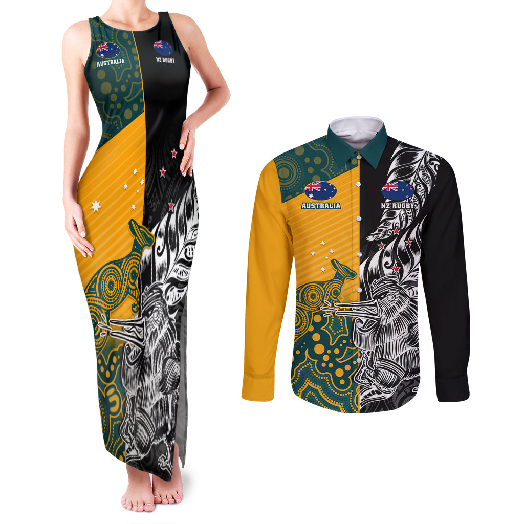 Custom New Zealand And Australia Rugby Couples Matching Tank Maxi Dress and Long Sleeve Button Shirt Wallabies Kiwi Silver Fern 2023 World Cup