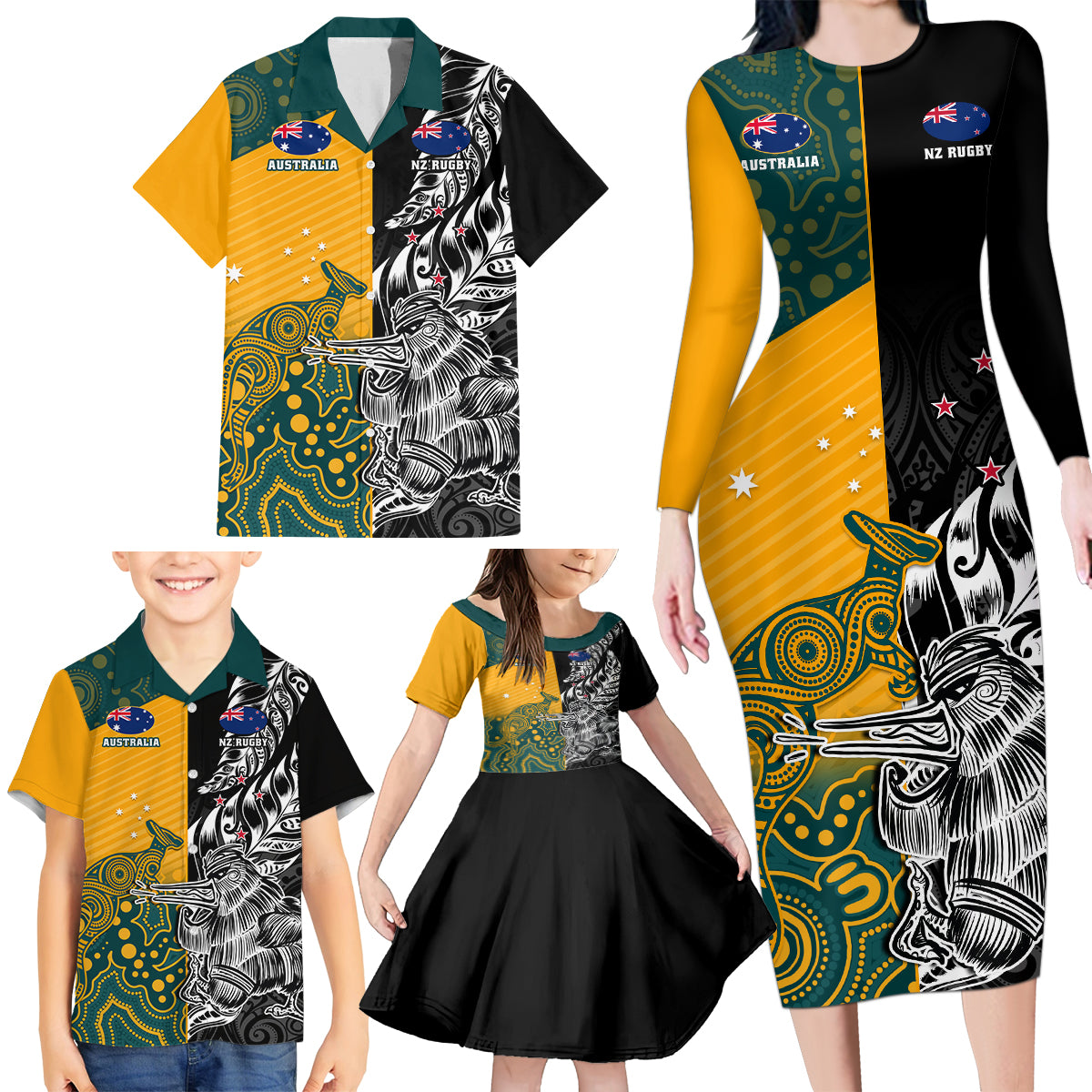 Custom New Zealand And Australia Rugby Family Matching Long Sleeve Bodycon Dress and Hawaiian Shirt Wallabies Kiwi Silver Fern 2023 World Cup