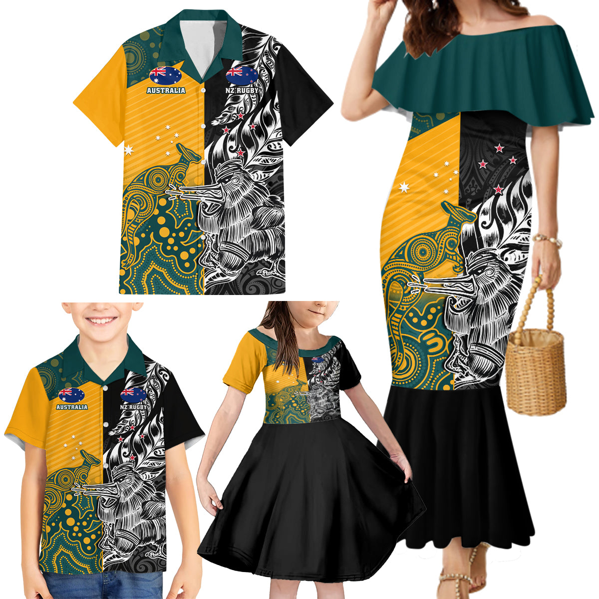 Custom New Zealand And Australia Rugby Family Matching Mermaid Dress and Hawaiian Shirt Wallabies Kiwi Silver Fern 2023 World Cup