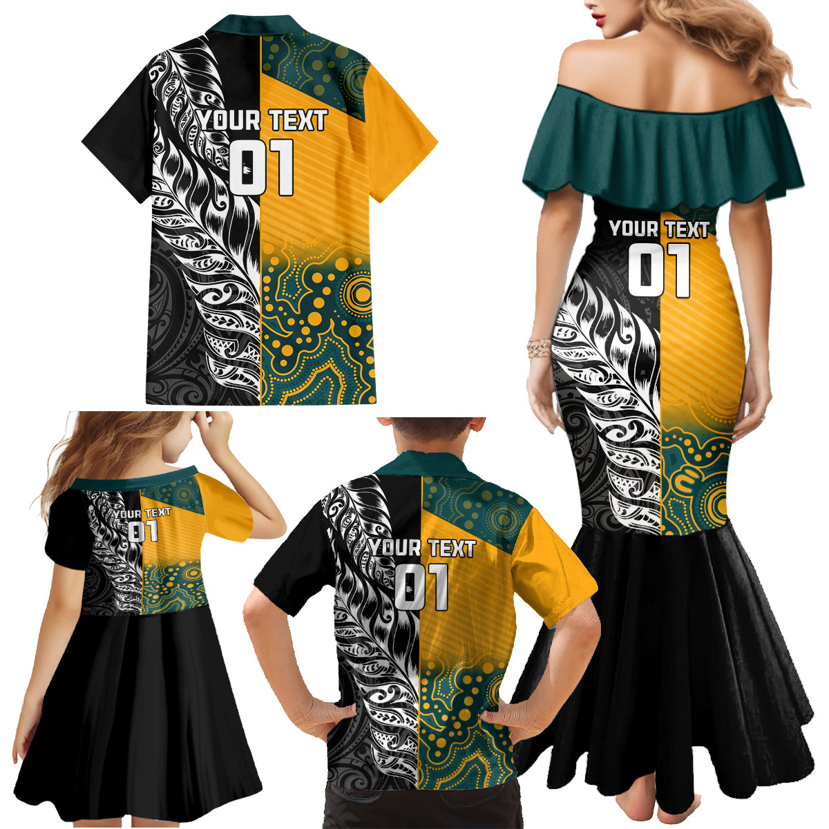 Custom New Zealand And Australia Rugby Family Matching Mermaid Dress and Hawaiian Shirt Wallabies Kiwi Silver Fern 2023 World Cup