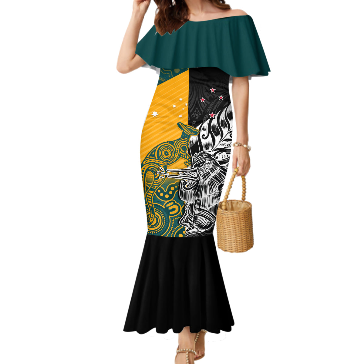 Custom New Zealand And Australia Rugby Family Matching Mermaid Dress and Hawaiian Shirt Wallabies Kiwi Silver Fern 2023 World Cup