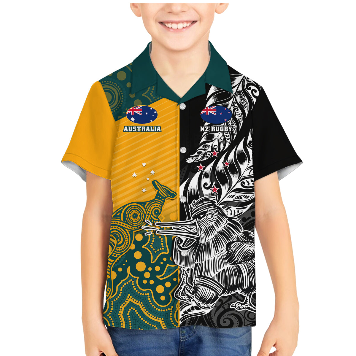 Custom New Zealand And Australia Rugby Family Matching Mermaid Dress and Hawaiian Shirt Wallabies Kiwi Silver Fern 2023 World Cup