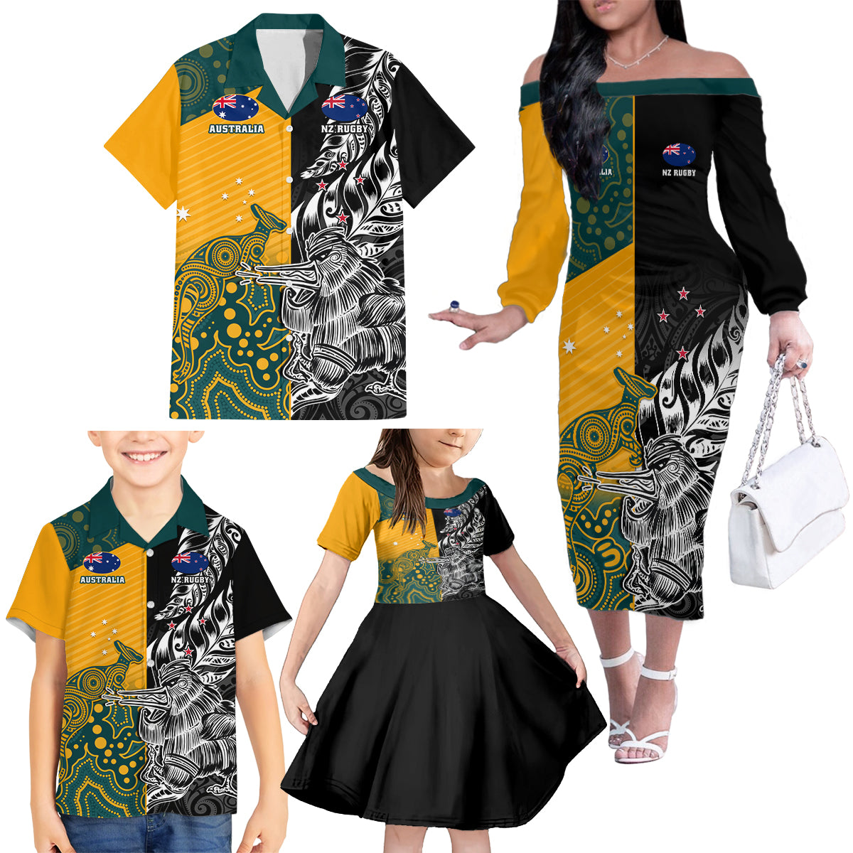 Custom New Zealand And Australia Rugby Family Matching Off The Shoulder Long Sleeve Dress and Hawaiian Shirt Wallabies Kiwi Silver Fern 2023 World Cup