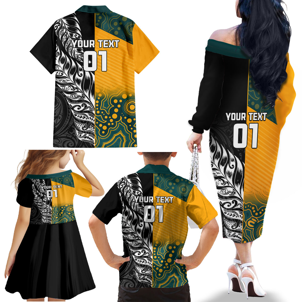 Custom New Zealand And Australia Rugby Family Matching Off The Shoulder Long Sleeve Dress and Hawaiian Shirt Wallabies Kiwi Silver Fern 2023 World Cup