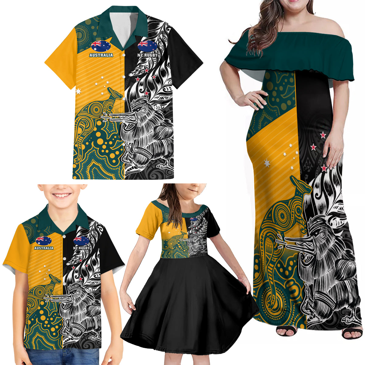 Custom New Zealand And Australia Rugby Family Matching Off Shoulder Maxi Dress and Hawaiian Shirt Wallabies Kiwi Silver Fern 2023 World Cup