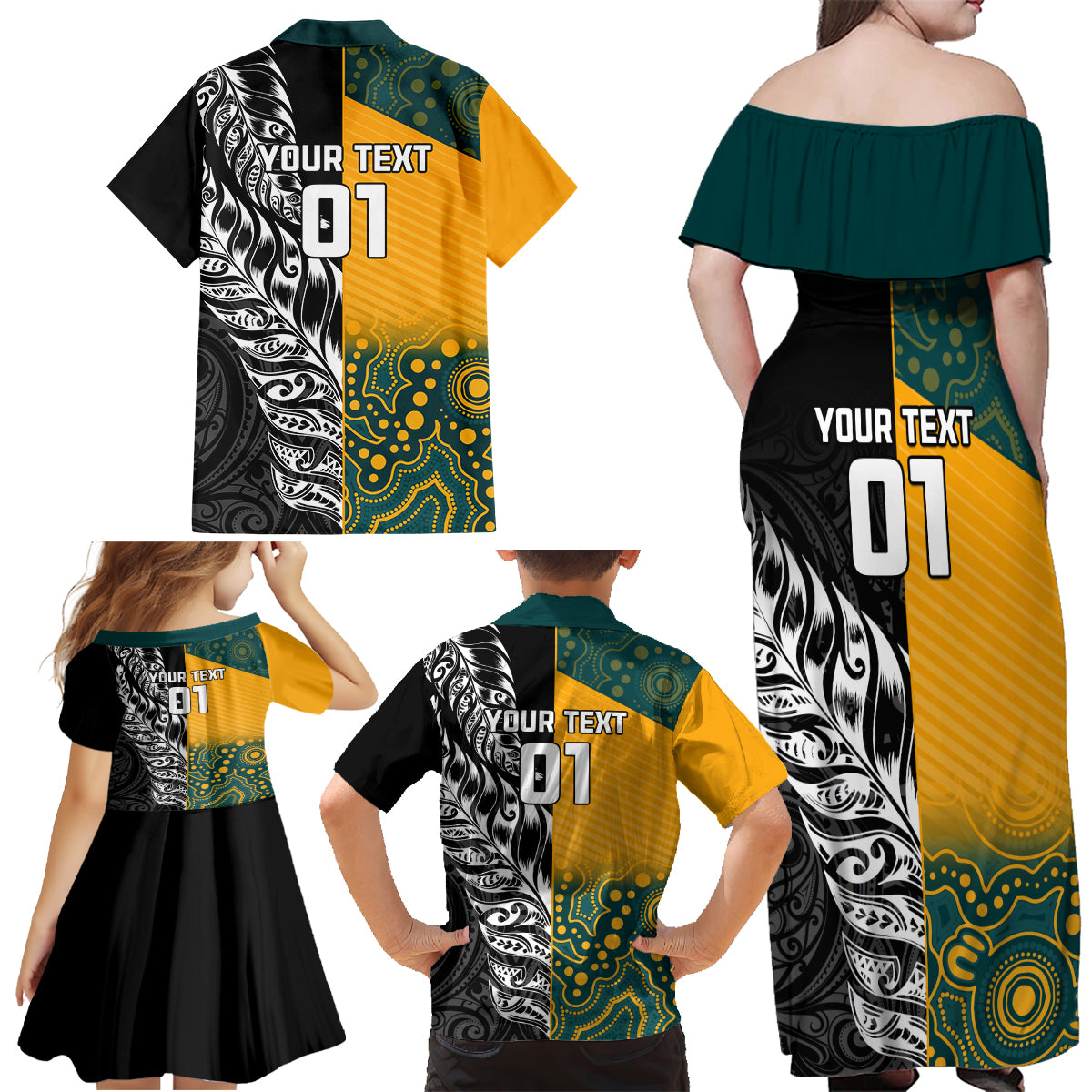 Custom New Zealand And Australia Rugby Family Matching Off Shoulder Maxi Dress and Hawaiian Shirt Wallabies Kiwi Silver Fern 2023 World Cup