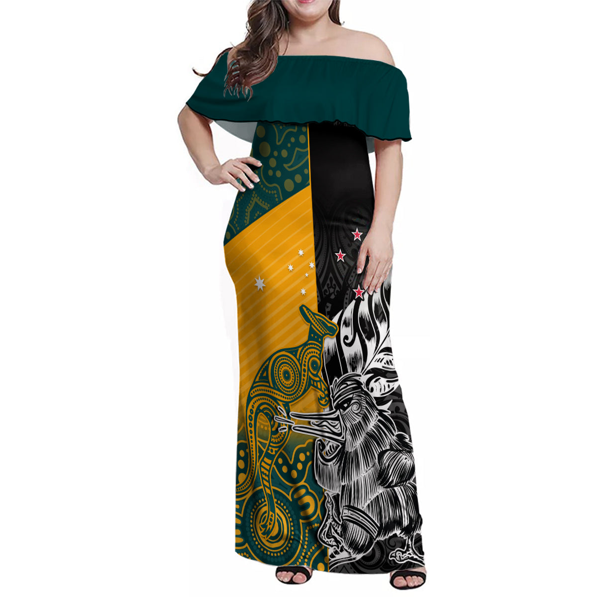 Custom New Zealand And Australia Rugby Family Matching Off Shoulder Maxi Dress and Hawaiian Shirt Wallabies Kiwi Silver Fern 2023 World Cup