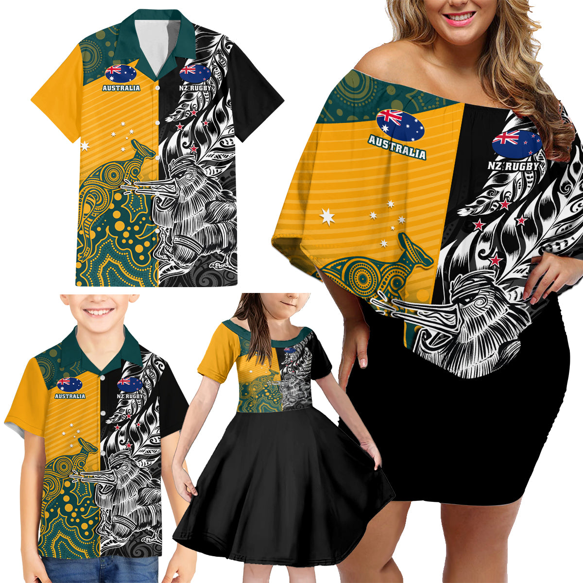 Custom New Zealand And Australia Rugby Family Matching Off Shoulder Short Dress and Hawaiian Shirt Wallabies Kiwi Silver Fern 2023 World Cup