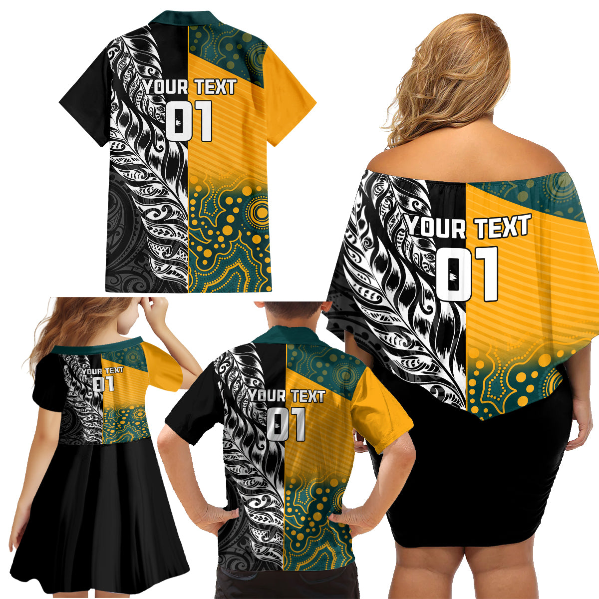 Custom New Zealand And Australia Rugby Family Matching Off Shoulder Short Dress and Hawaiian Shirt Wallabies Kiwi Silver Fern 2023 World Cup