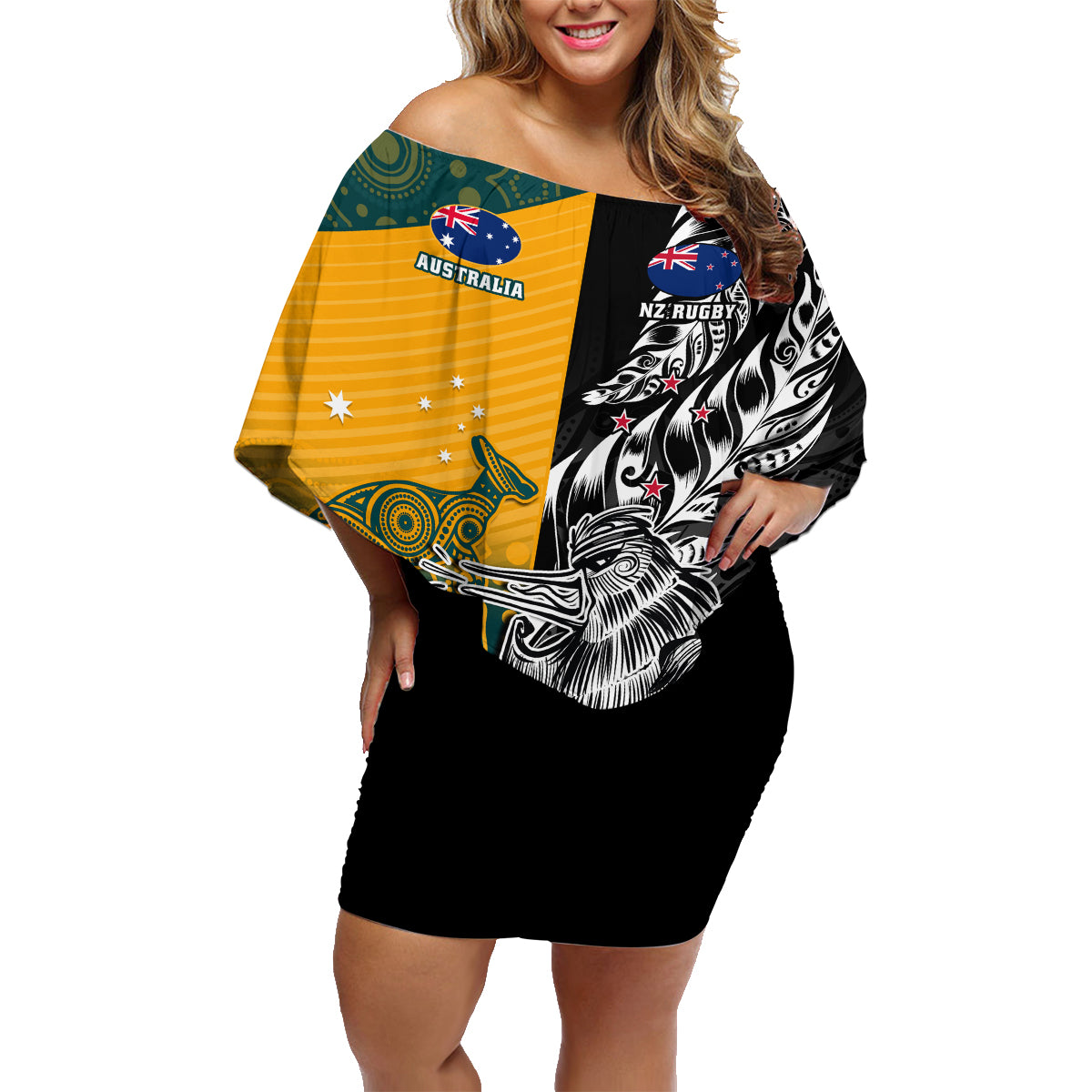 Custom New Zealand And Australia Rugby Family Matching Off Shoulder Short Dress and Hawaiian Shirt Wallabies Kiwi Silver Fern 2023 World Cup