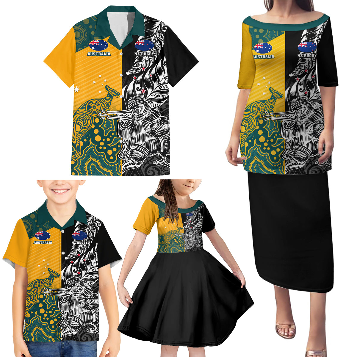 Custom New Zealand And Australia Rugby Family Matching Puletasi and Hawaiian Shirt Wallabies Kiwi Silver Fern 2023 World Cup